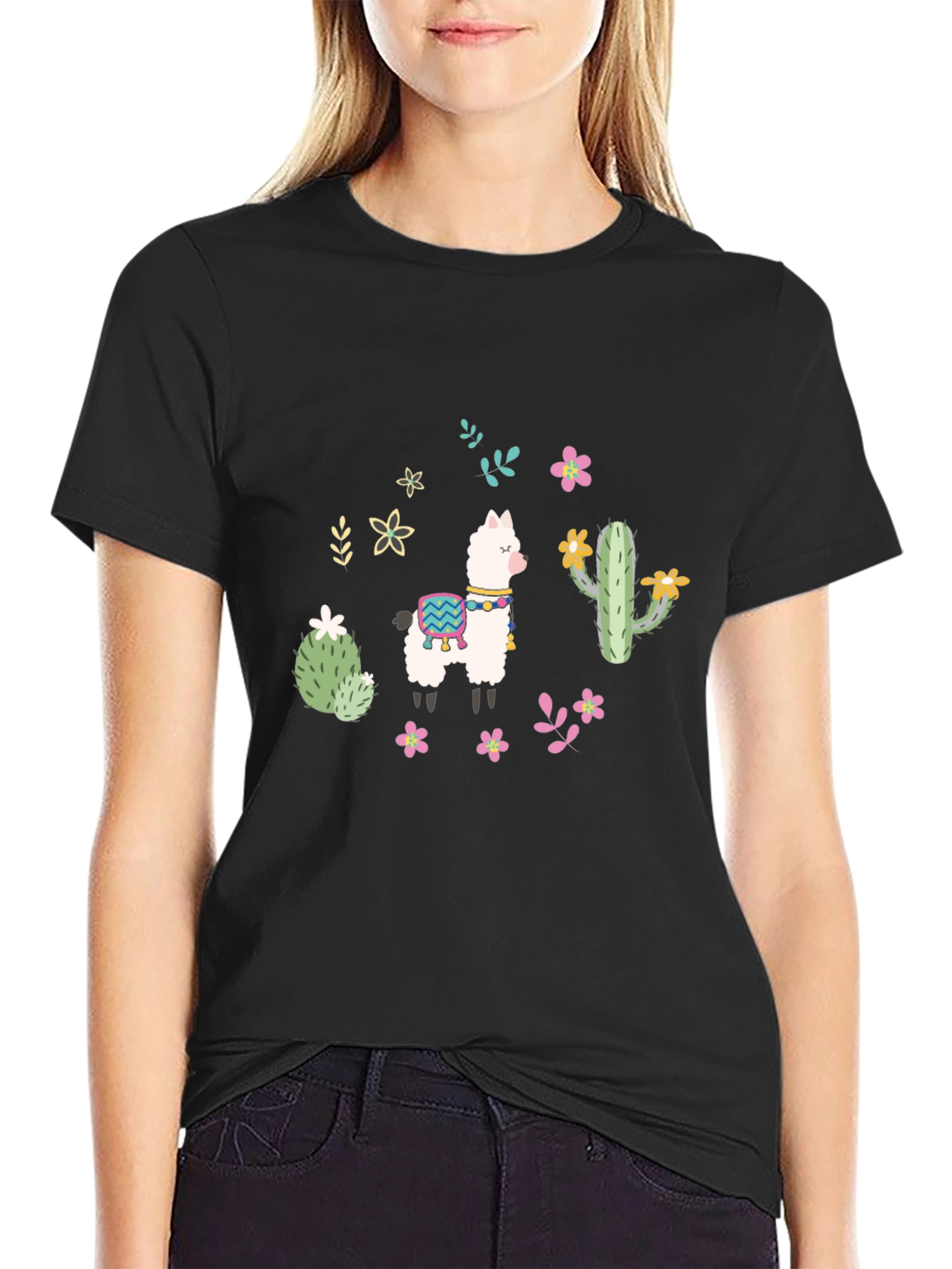 Llama Cactus Graphic Tee - Black Cotton Shirt