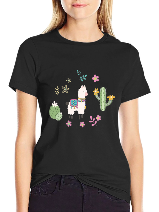 Llama Cactus Graphic Tee - Black Cotton Shirt