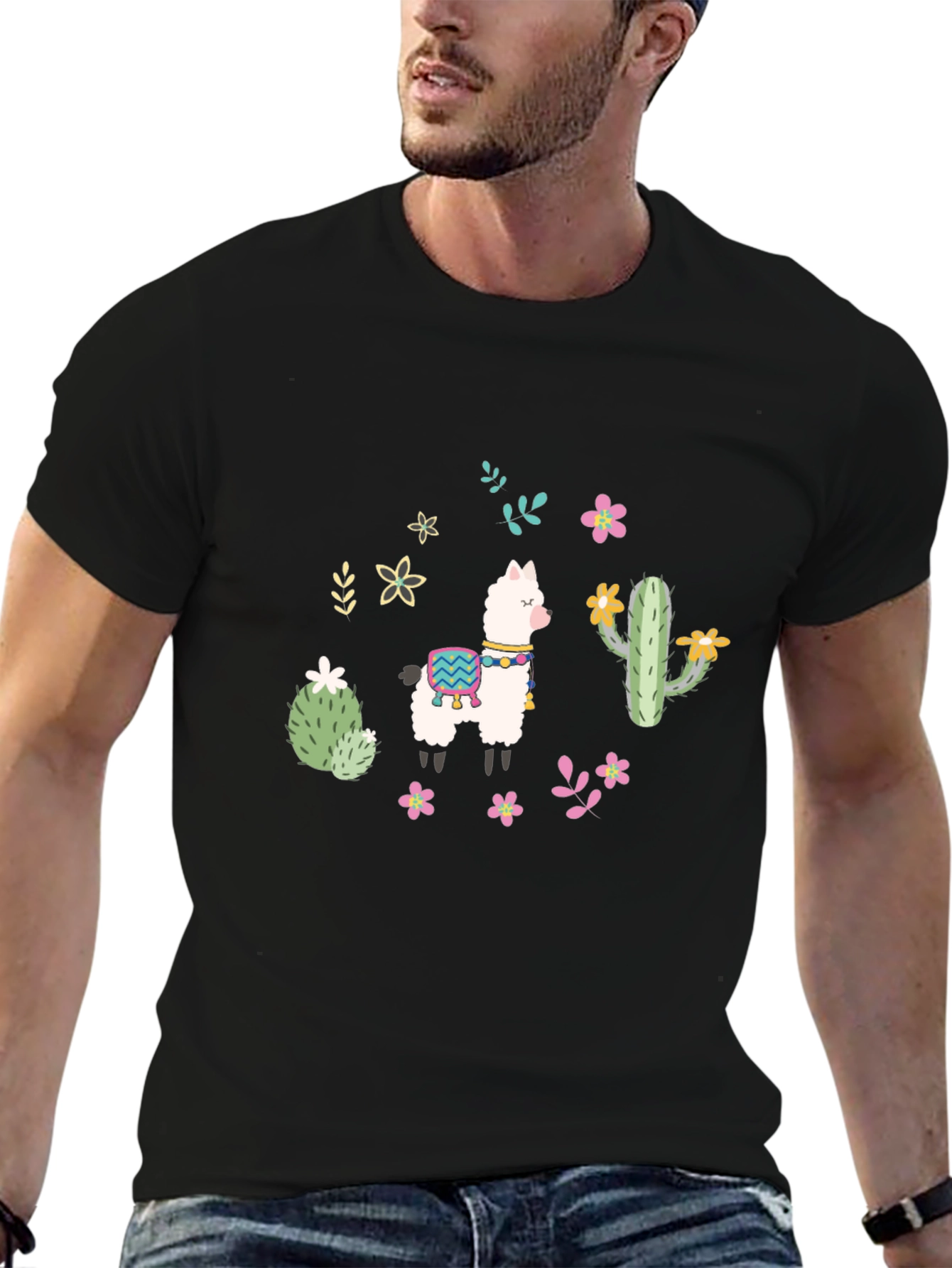 Llama Cactus Graphic Tee - Black Cotton Shirt