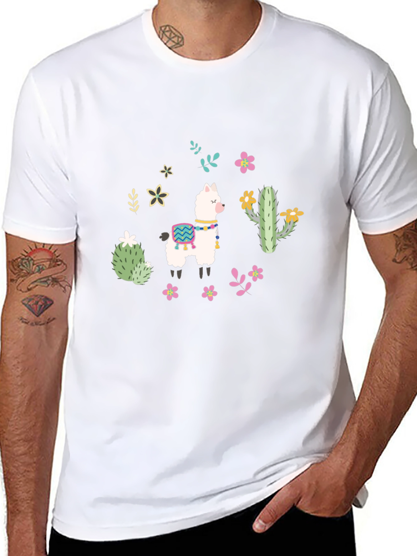 Llama Cactus Graphic Tee - Black Cotton Shirt