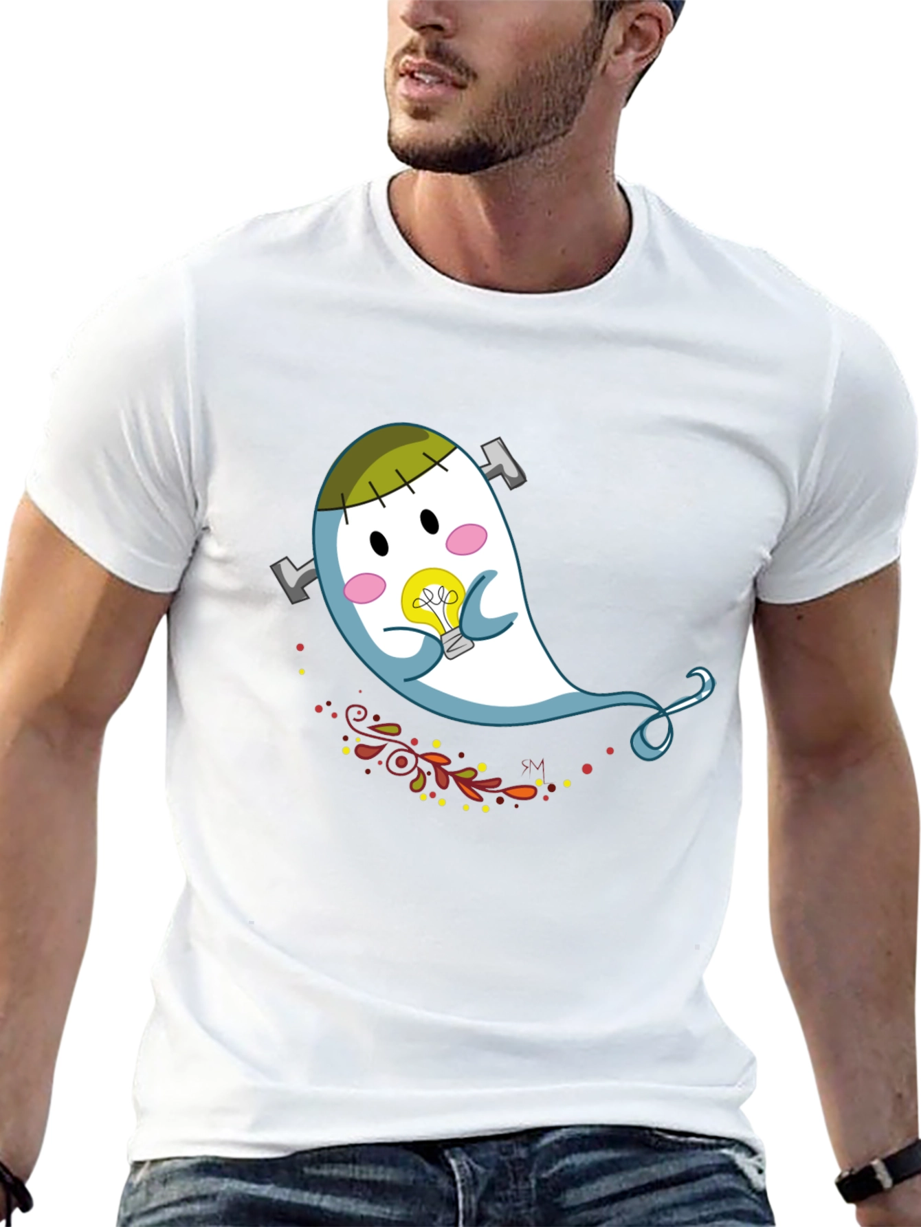 Cute Cartoon Ghost Graphic Tee - Black Cotton T-Shirt