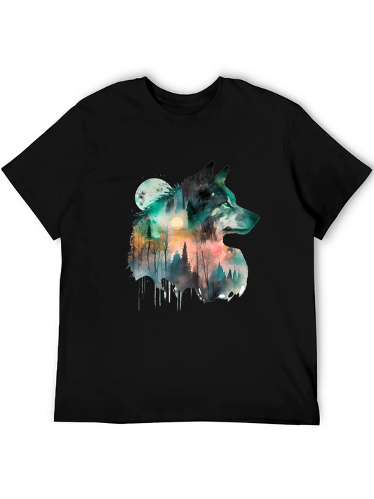 Watercolor Wolf Forest Graphic Tee - Unisex Black T-Shirt