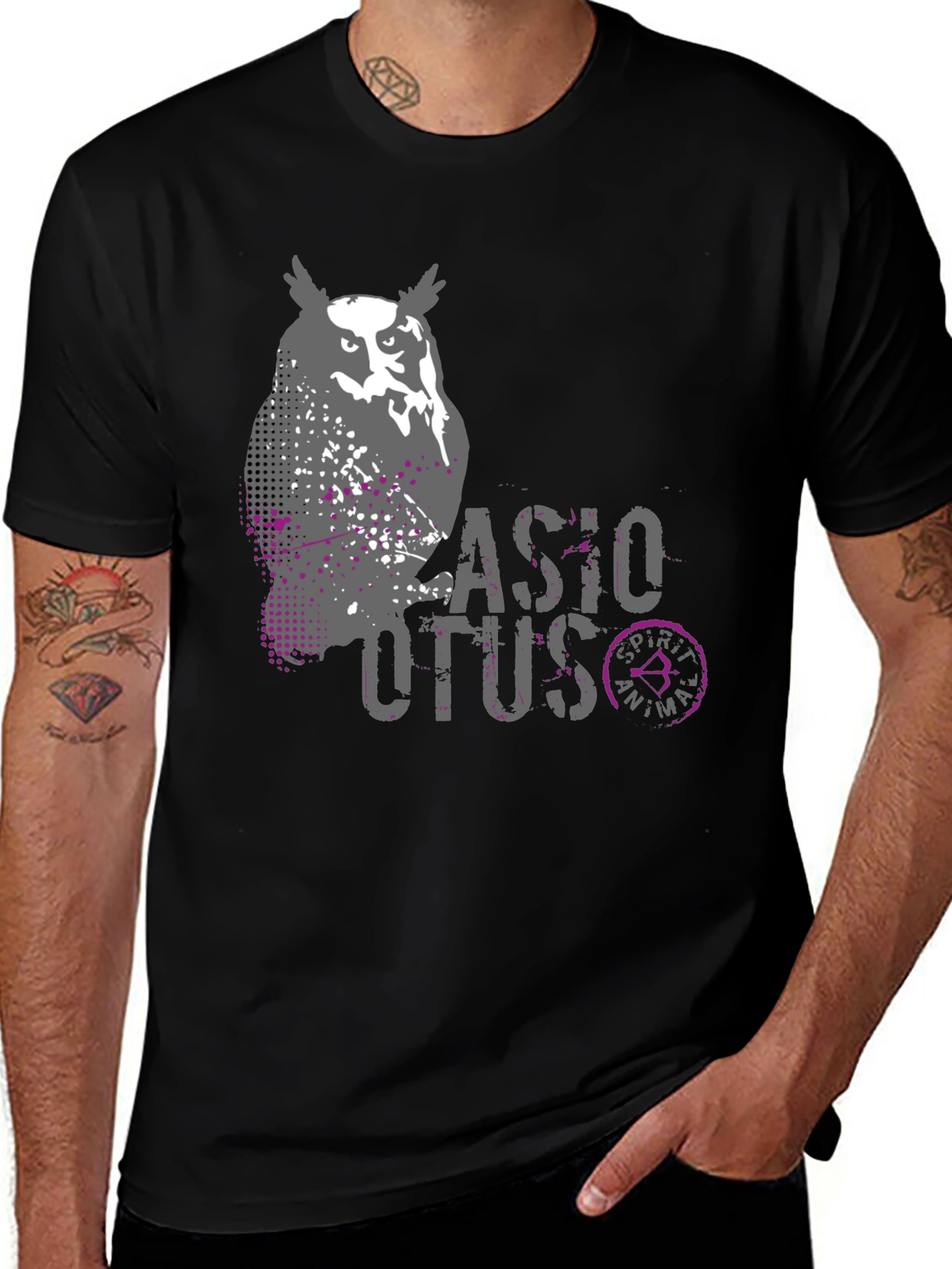 Owl Spirit Animal Graphic Print Mens Black T-Shirt