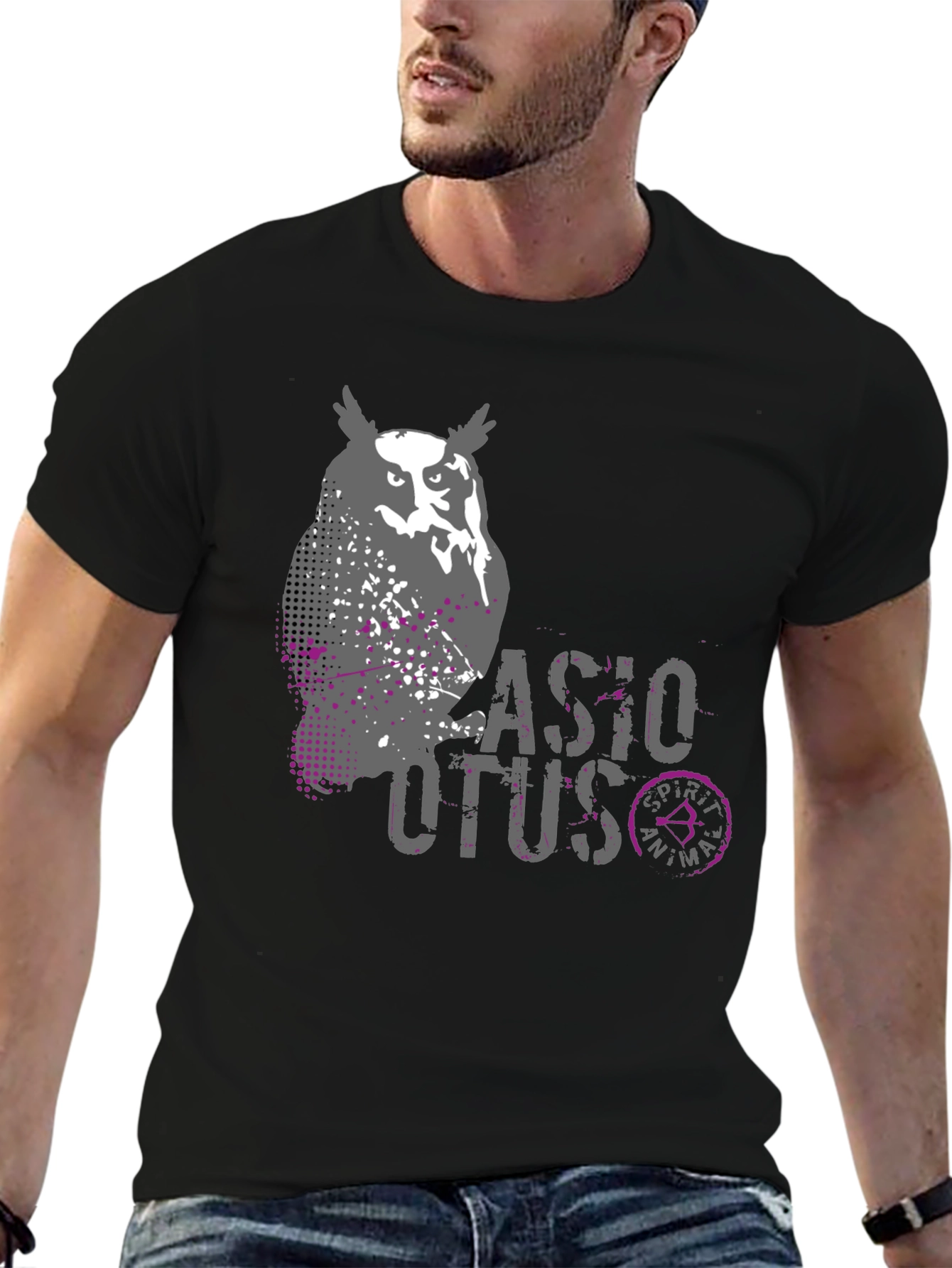 Owl Spirit Animal Graphic Print Mens Black T-Shirt