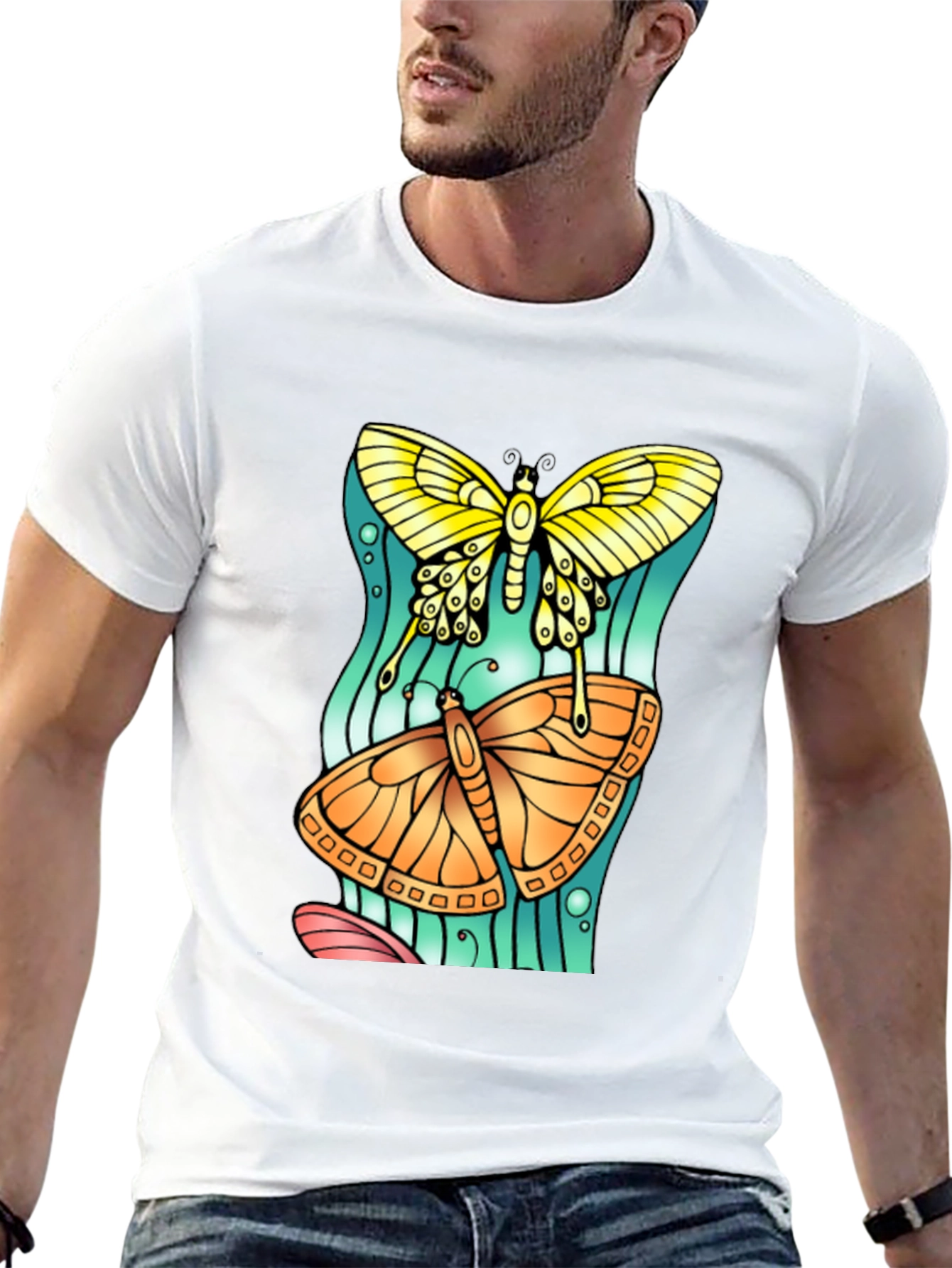 Butterfly Graphic Tee - Artsy Crew Neck T-Shirt