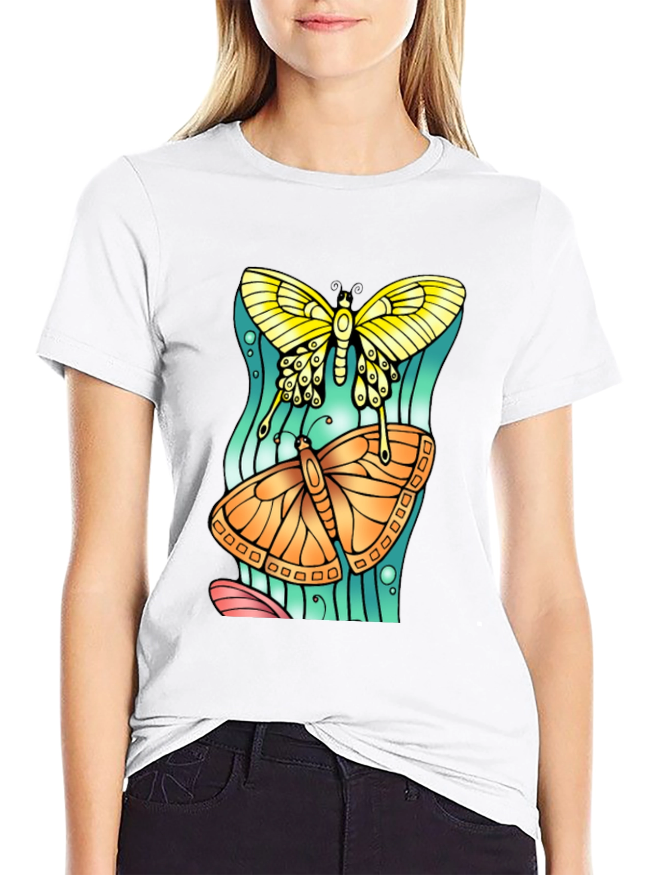 Butterfly Graphic Tee - Artsy Crew Neck T-Shirt