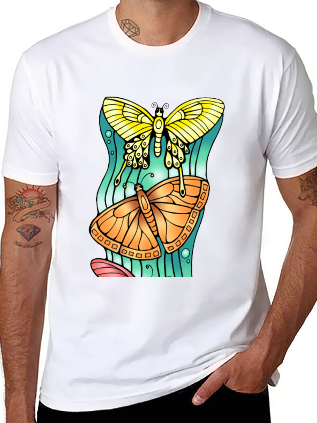 Butterfly Graphic Tee - Artsy Crew Neck T-Shirt