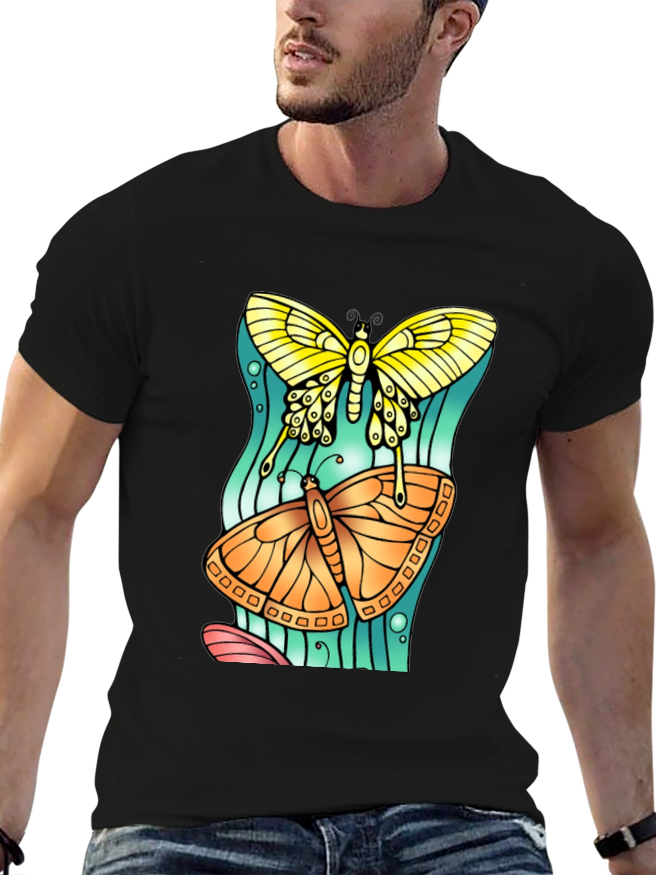 Butterfly Graphic Tee - Artsy Crew Neck T-Shirt