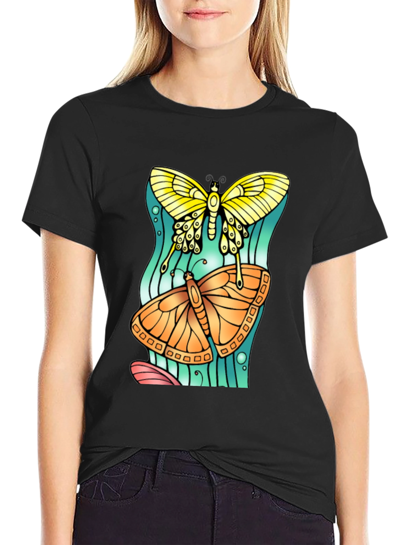 Butterfly Graphic Tee - Artsy Crew Neck T-Shirt