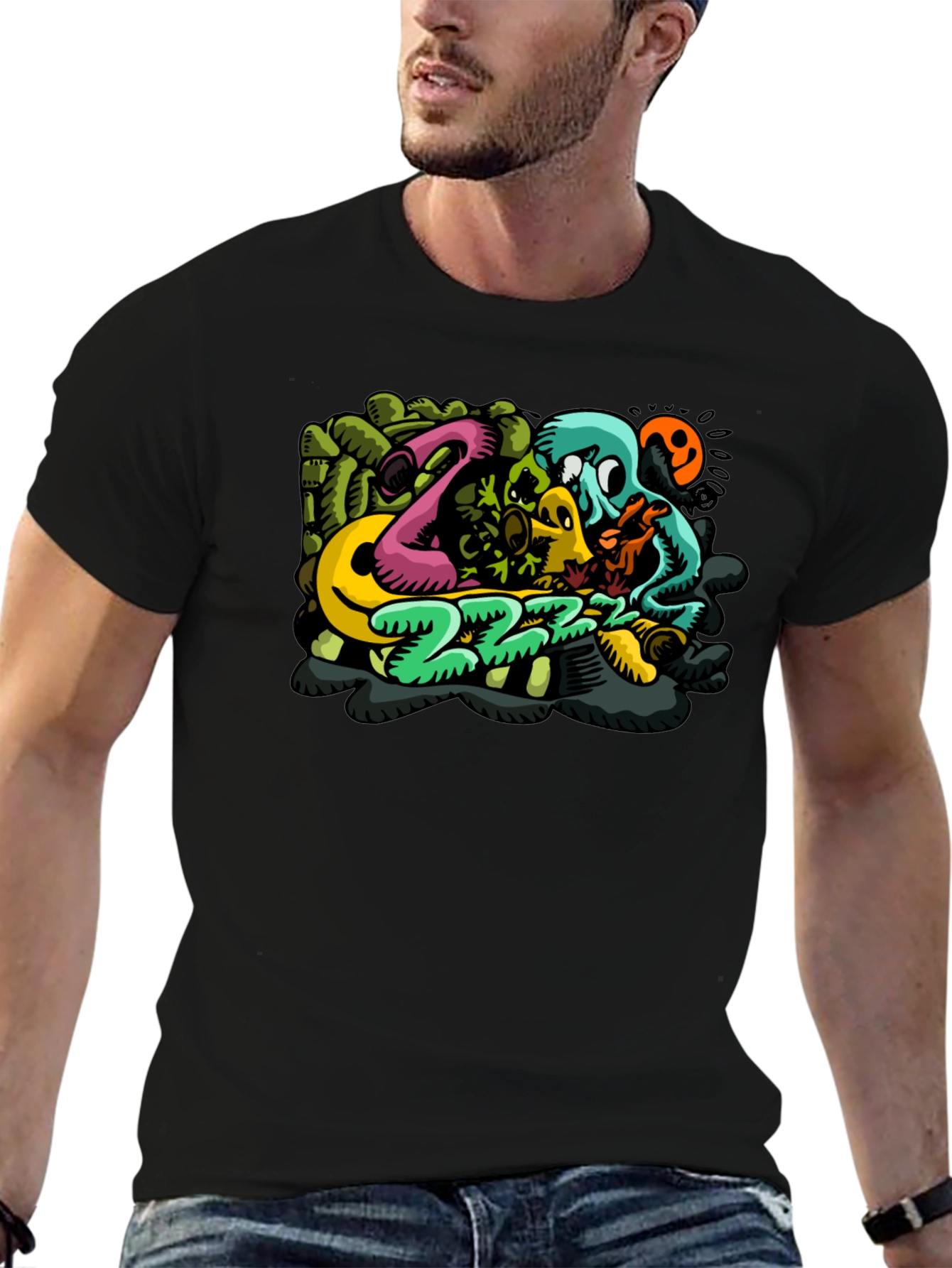Mens Black T-Shirt with Cartoon Graphic