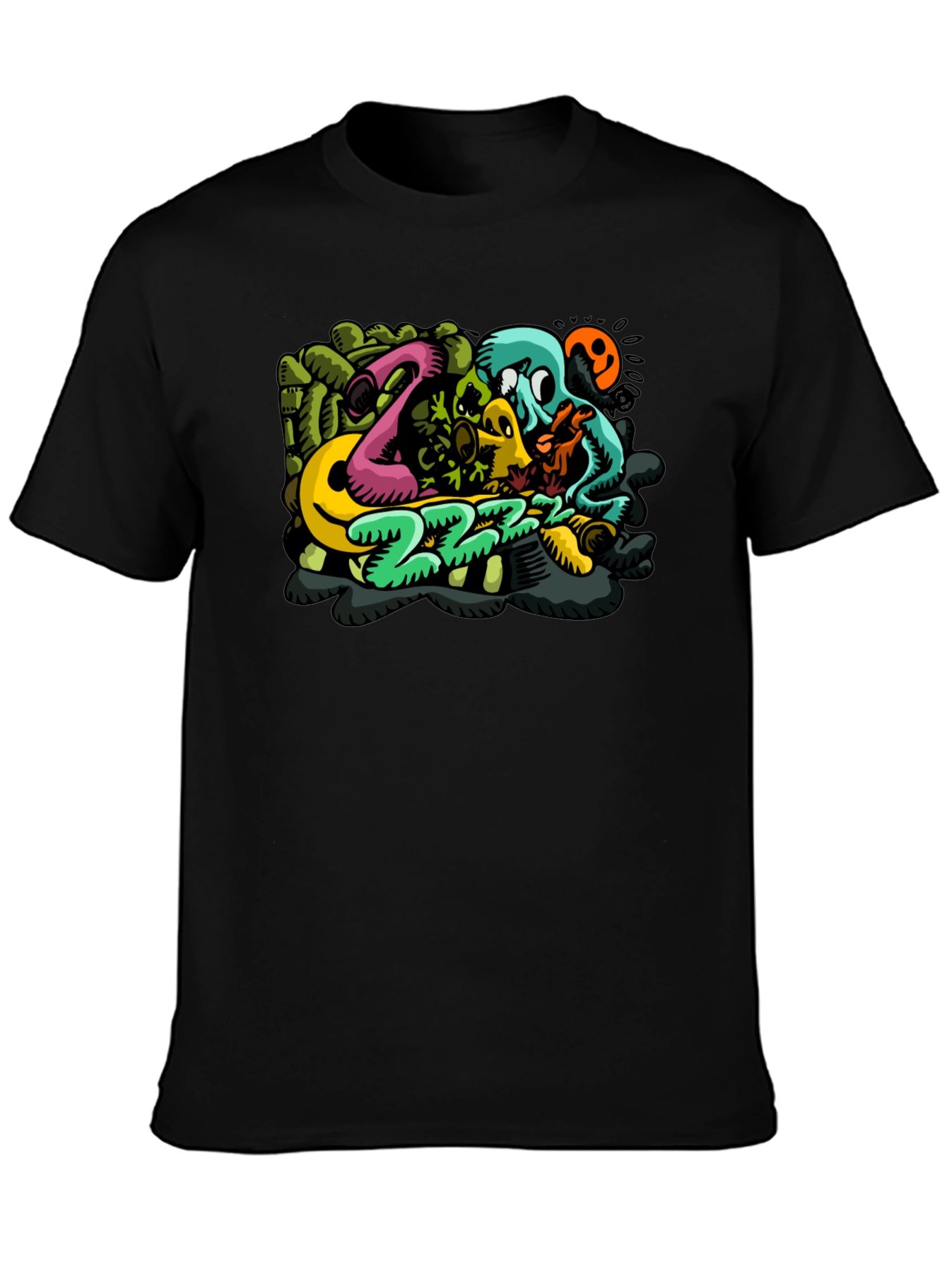 Mens Black T-Shirt with Cartoon Graphic