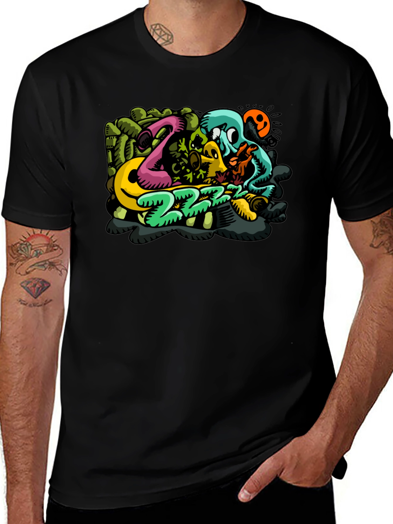 Mens Black T-Shirt with Cartoon Graphic