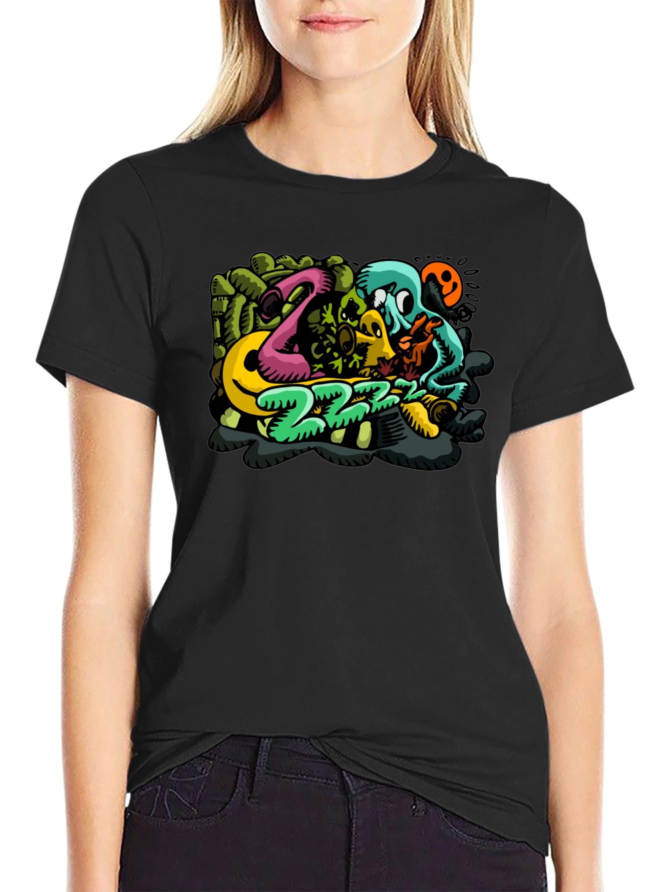 Mens Black T-Shirt with Cartoon Graphic