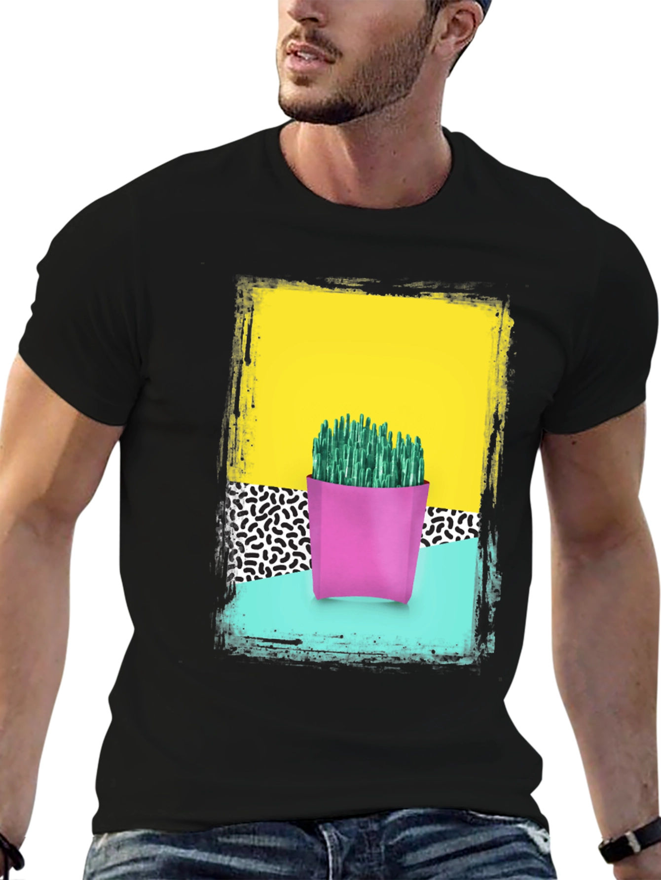Retro Cactus Print T-Shirt - Bold 80s Style