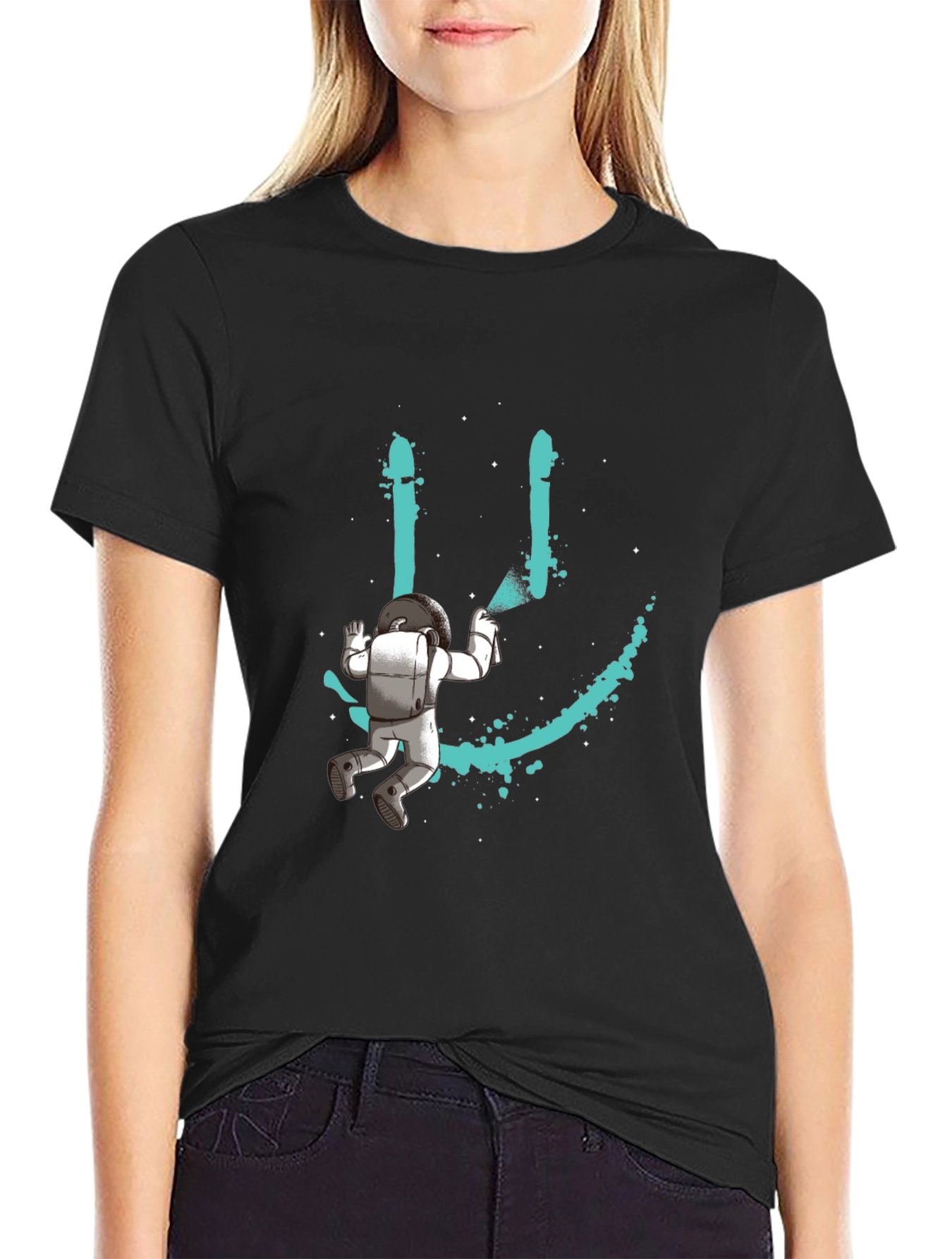 Astronaut Smiley Graphic T-Shirt - Black