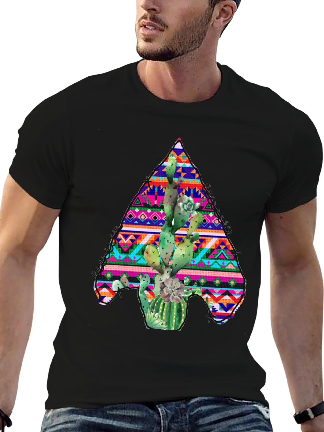 Cactus Aztec Print Black T-Shirt