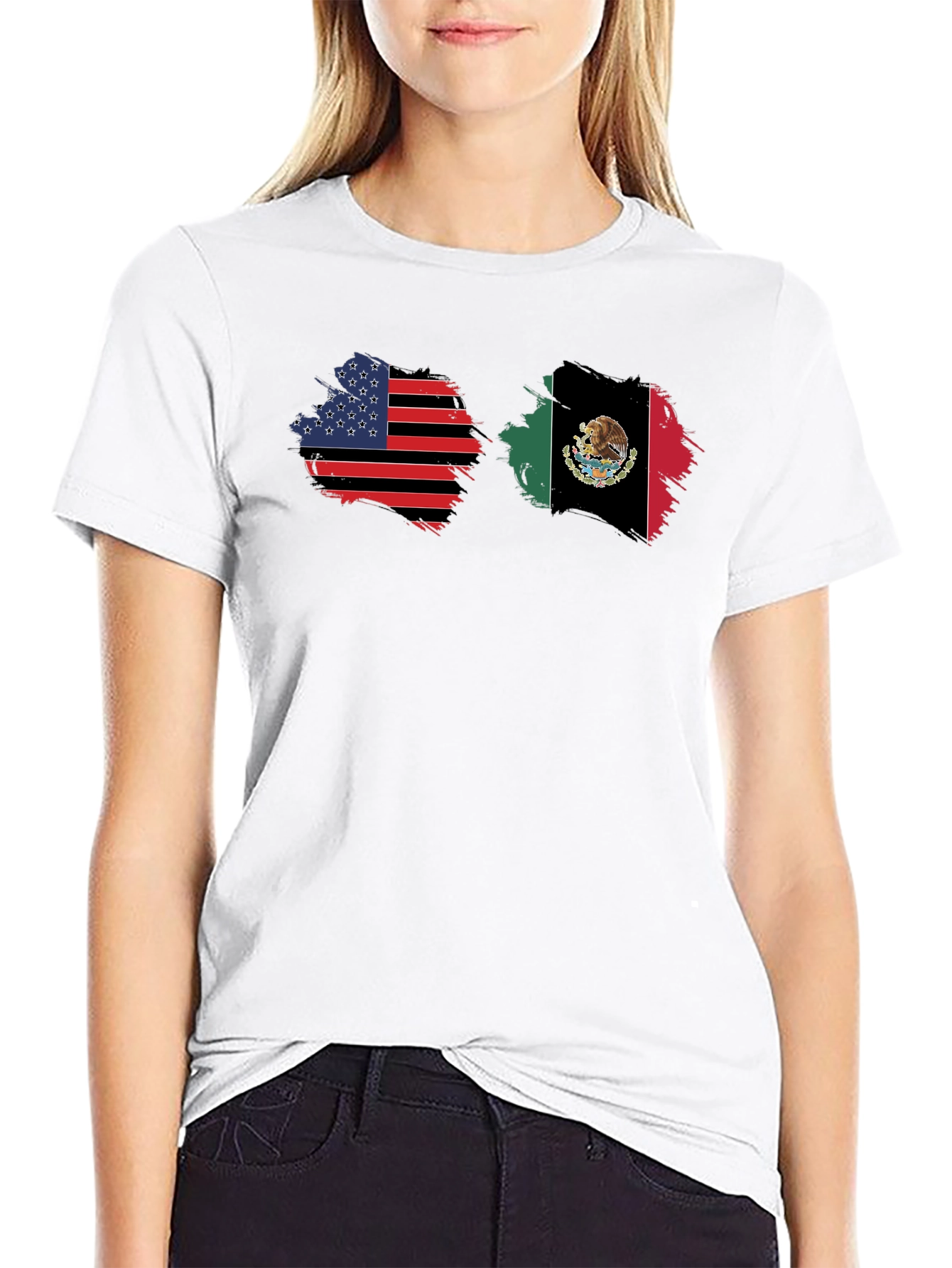 USA & Mexico Flags Graphic Black T-Shirt