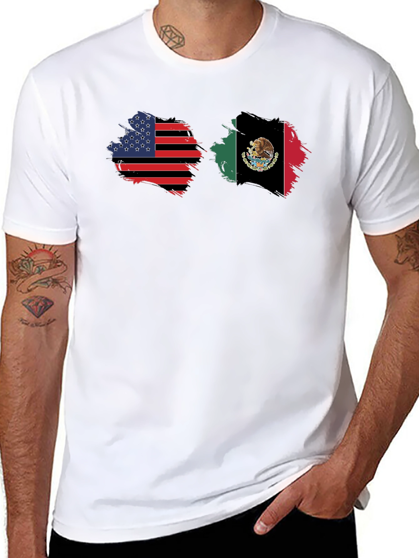 USA & Mexico Flags Graphic Black T-Shirt