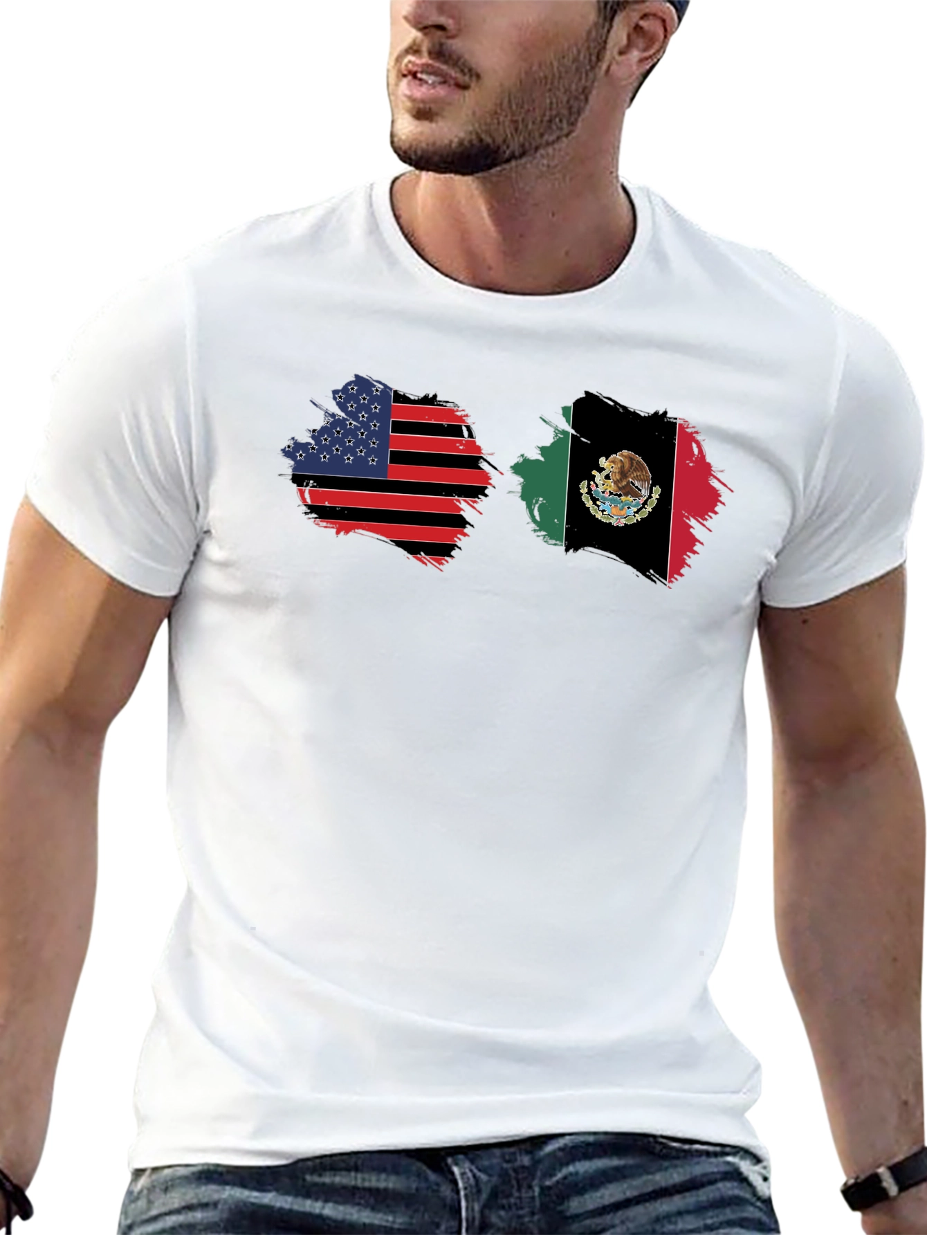 USA & Mexico Flags Graphic Black T-Shirt
