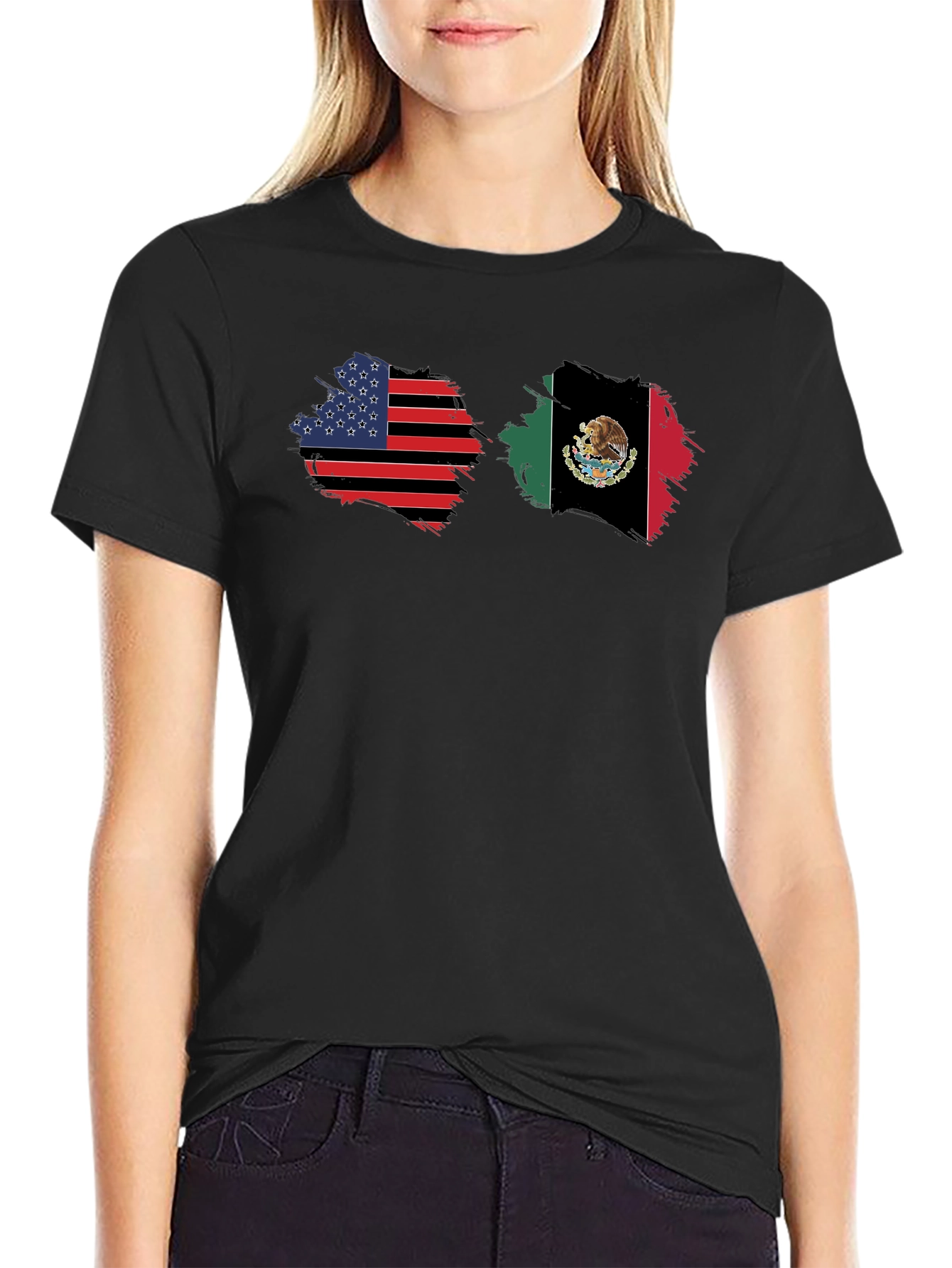USA & Mexico Flags Graphic Black T-Shirt