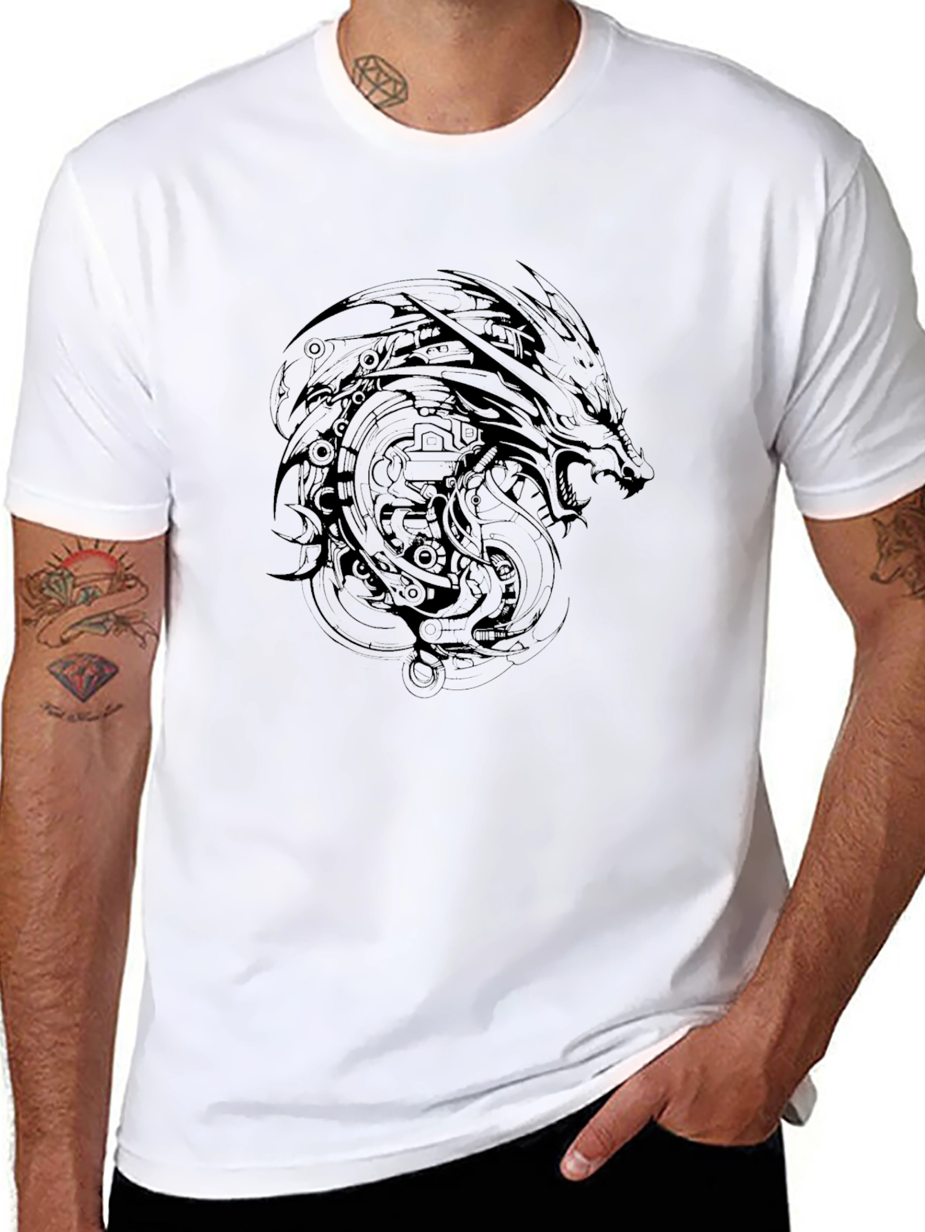 Mens Black Dragon Graphic Print Crew Neck T-Shirt