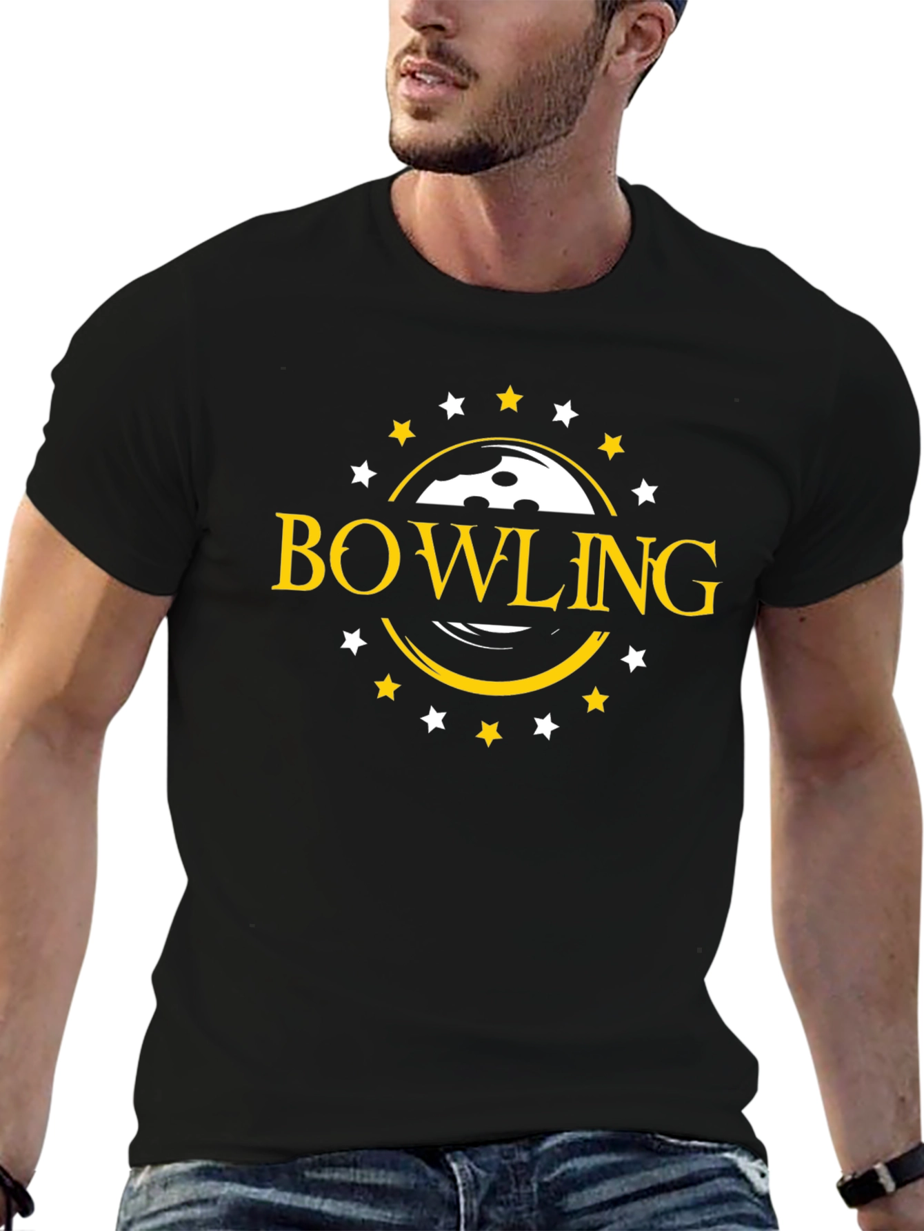 Bowling T-Shirt with Ball and Stars Design