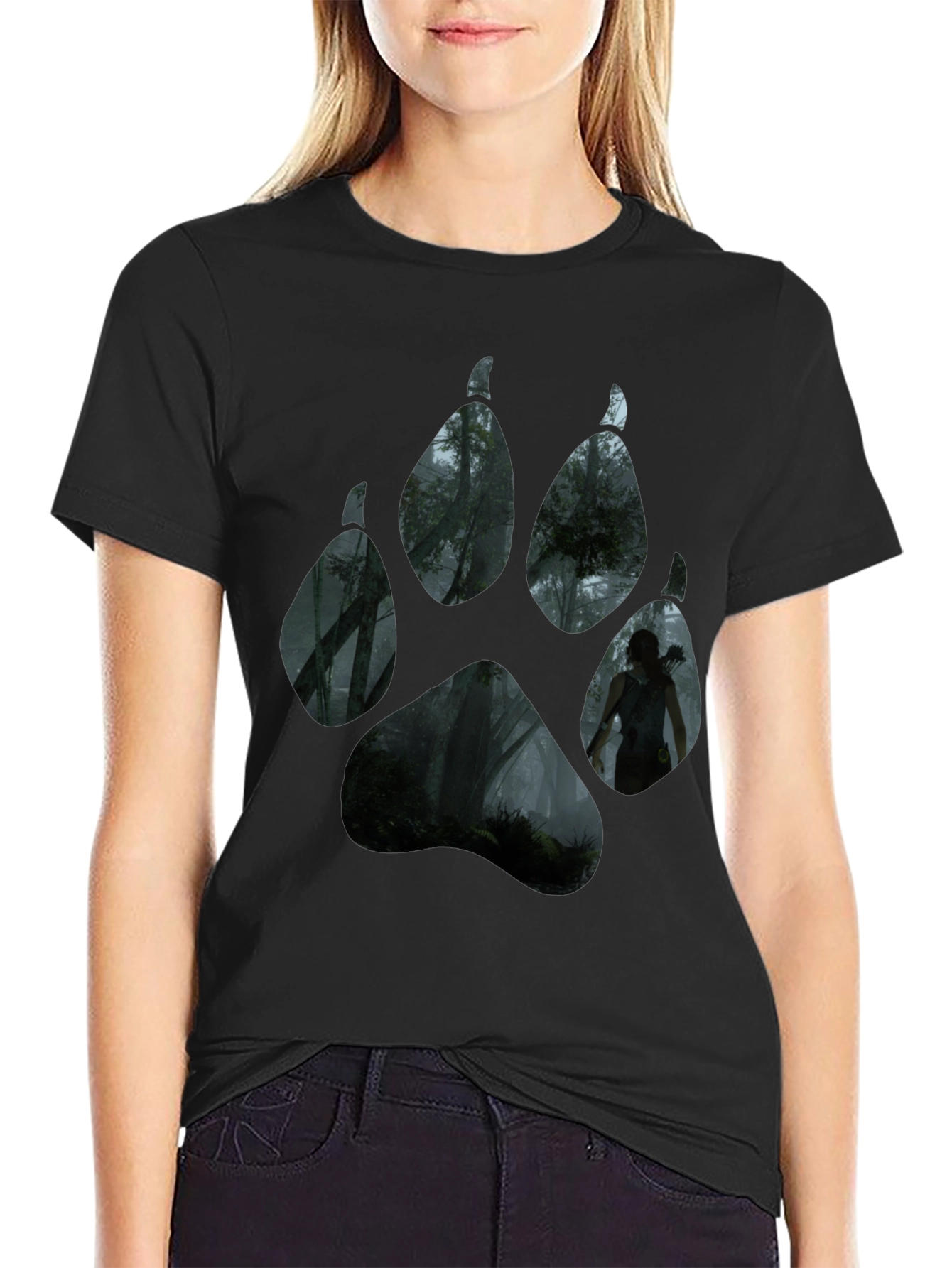 Nature Wolf Paw Print Black T-Shirt