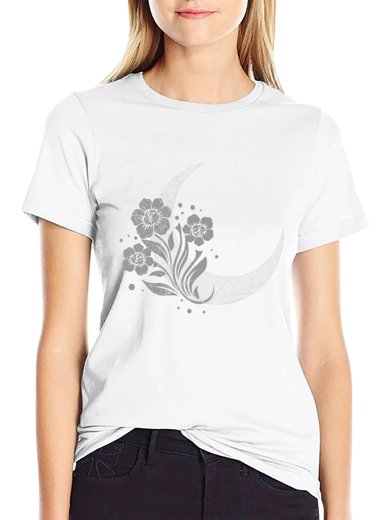 Floral Moon Graphic Tee - Black Cotton Blend