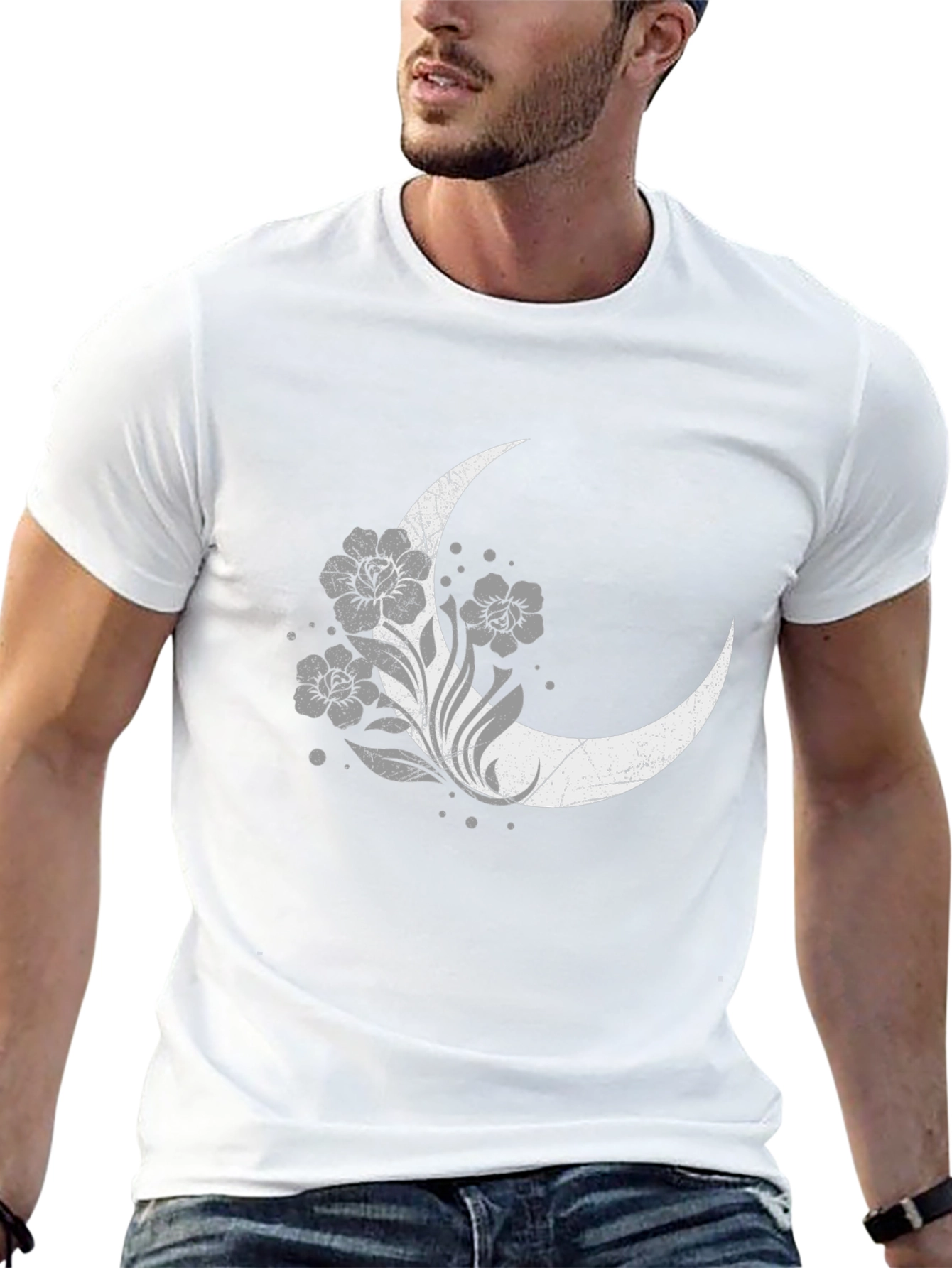 Floral Moon Graphic Tee - Black Cotton Blend