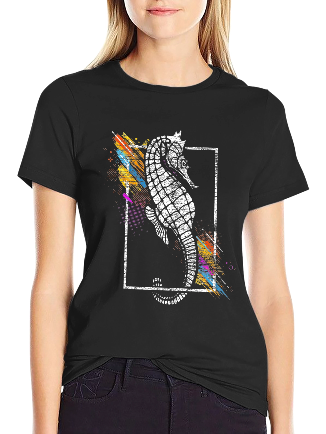 Stylish Seahorse Graphic Print Black T-Shirt