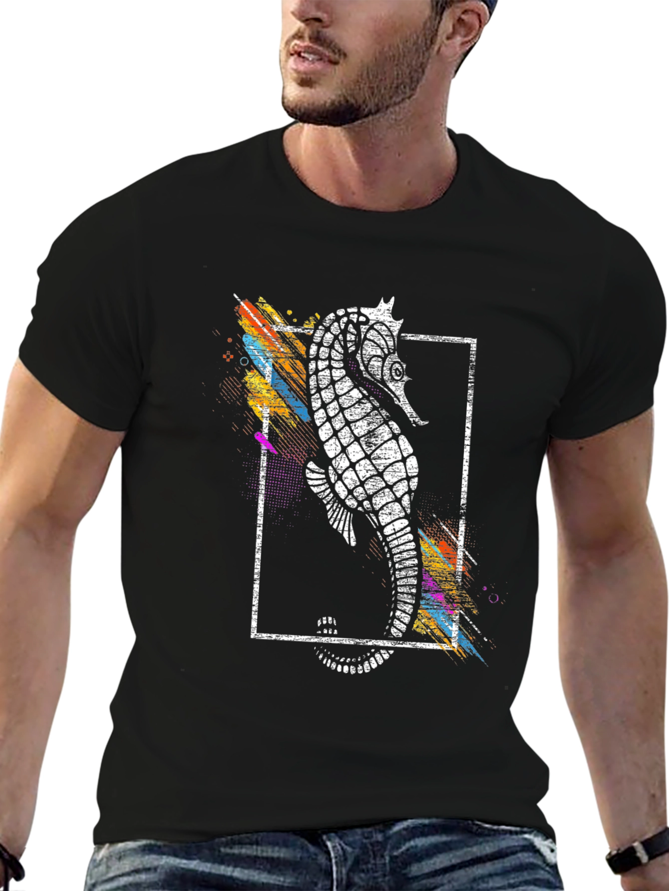 Stylish Seahorse Graphic Print Black T-Shirt