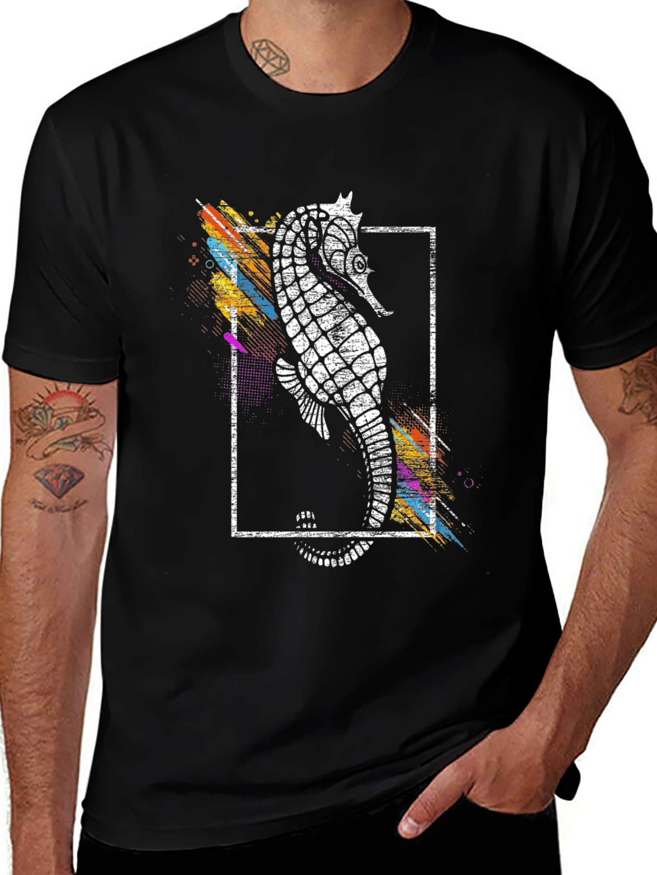 Stylish Seahorse Graphic Print Black T-Shirt