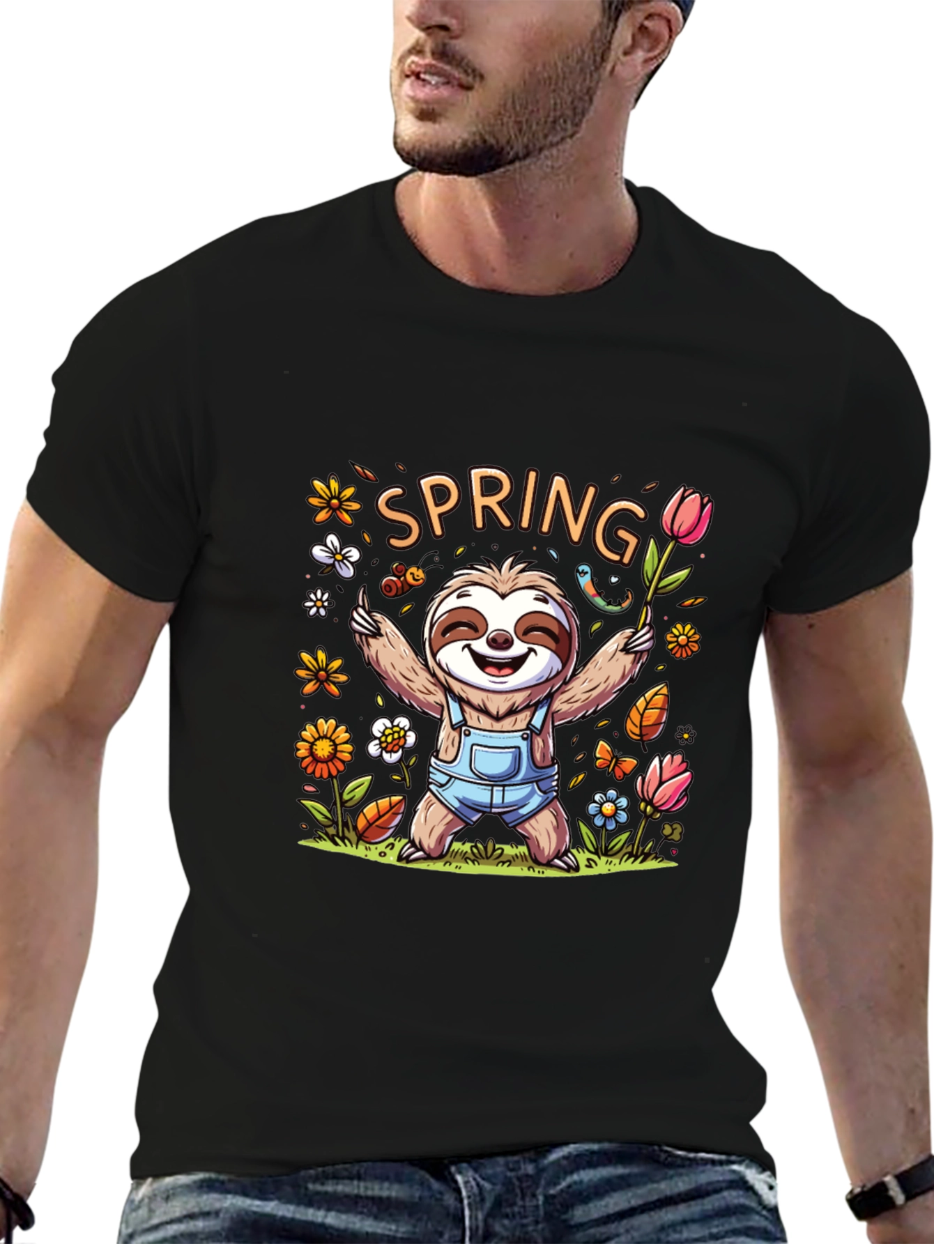 Spring Sloth Graphic Tee - Unisex Black T-Shirt