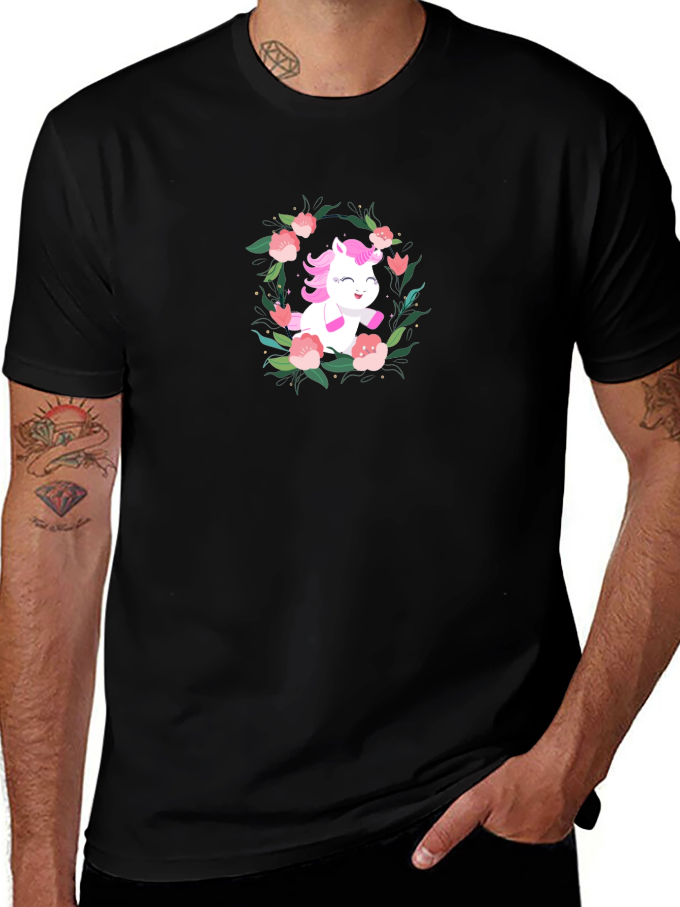 Unicorn Floral Wreath Black T-Shirt