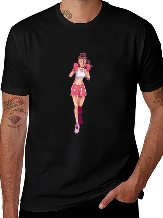 Boxing Girl Graphic Tee - Black Cotton T-Shirt