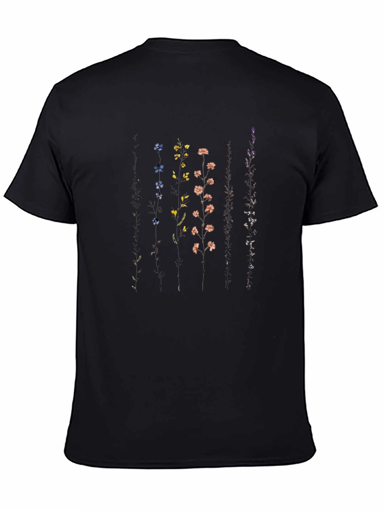 Floral Stem Print Black Crew Neck T-Shirt