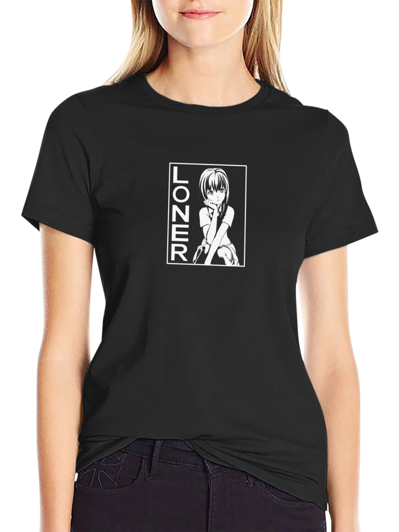 Anime Girl Loner Black Graphic T-Shirt