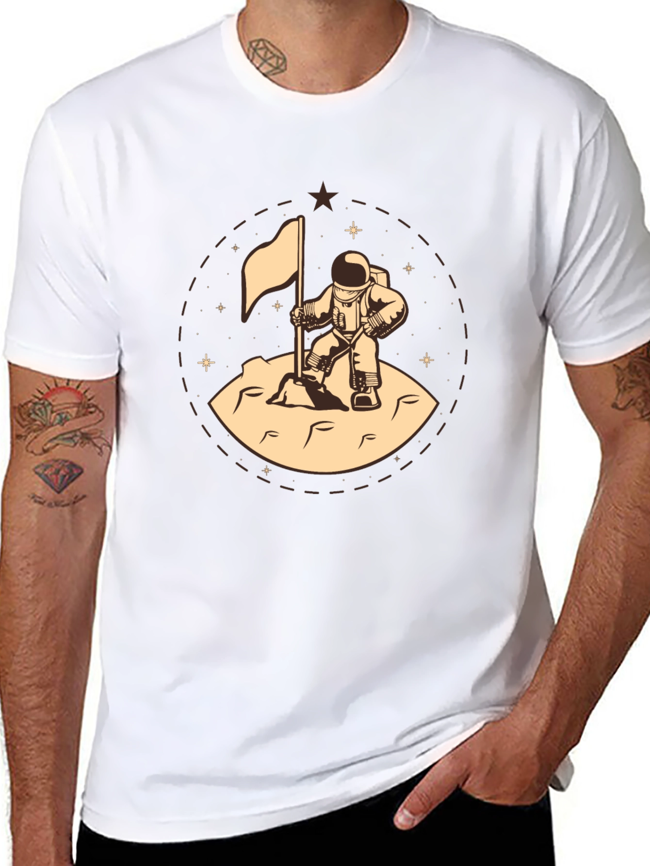 Astronaut Flag Graphic Tee - Black Cotton T-Shirt