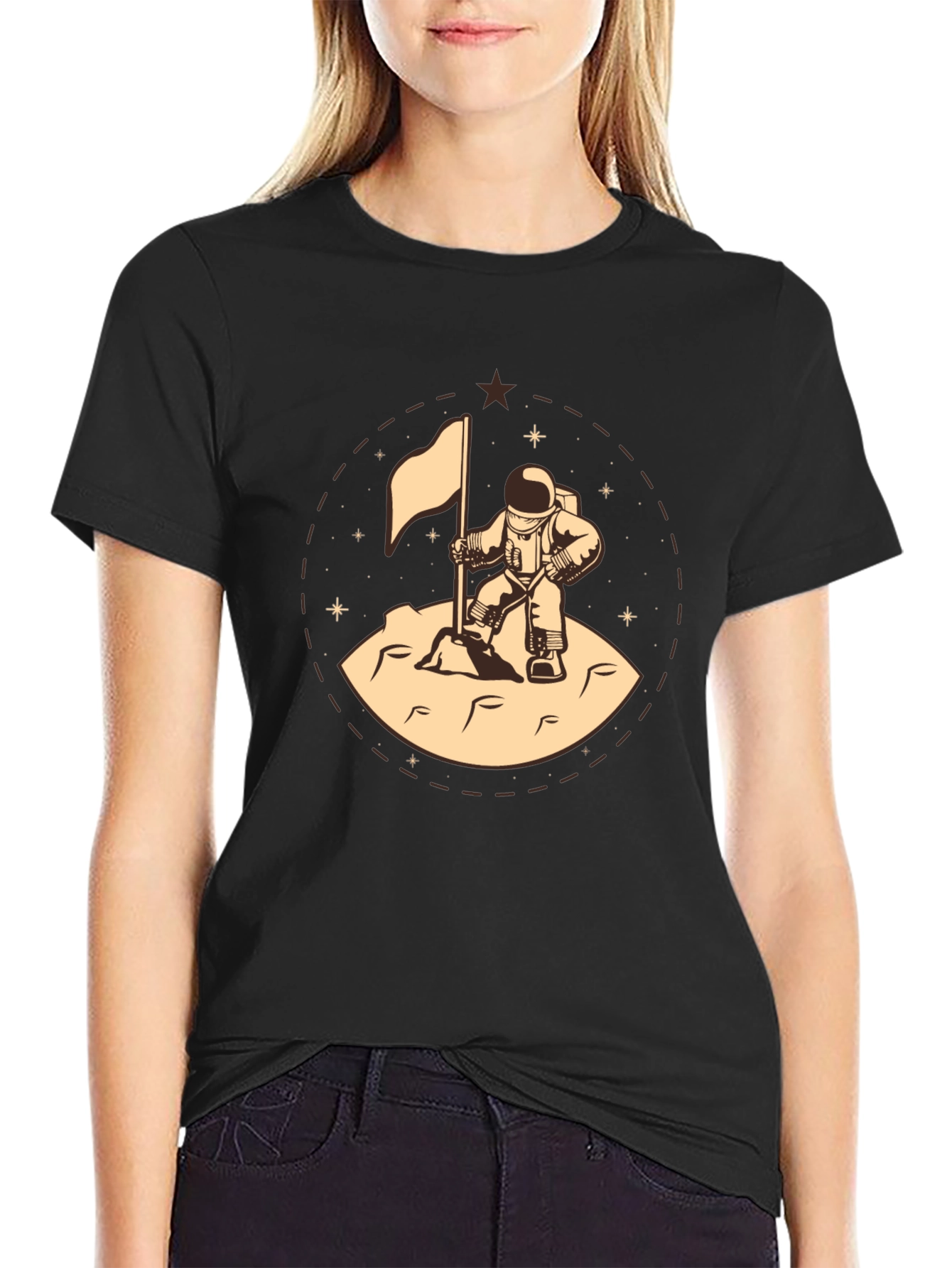 Astronaut Flag Graphic Tee - Black Cotton T-Shirt
