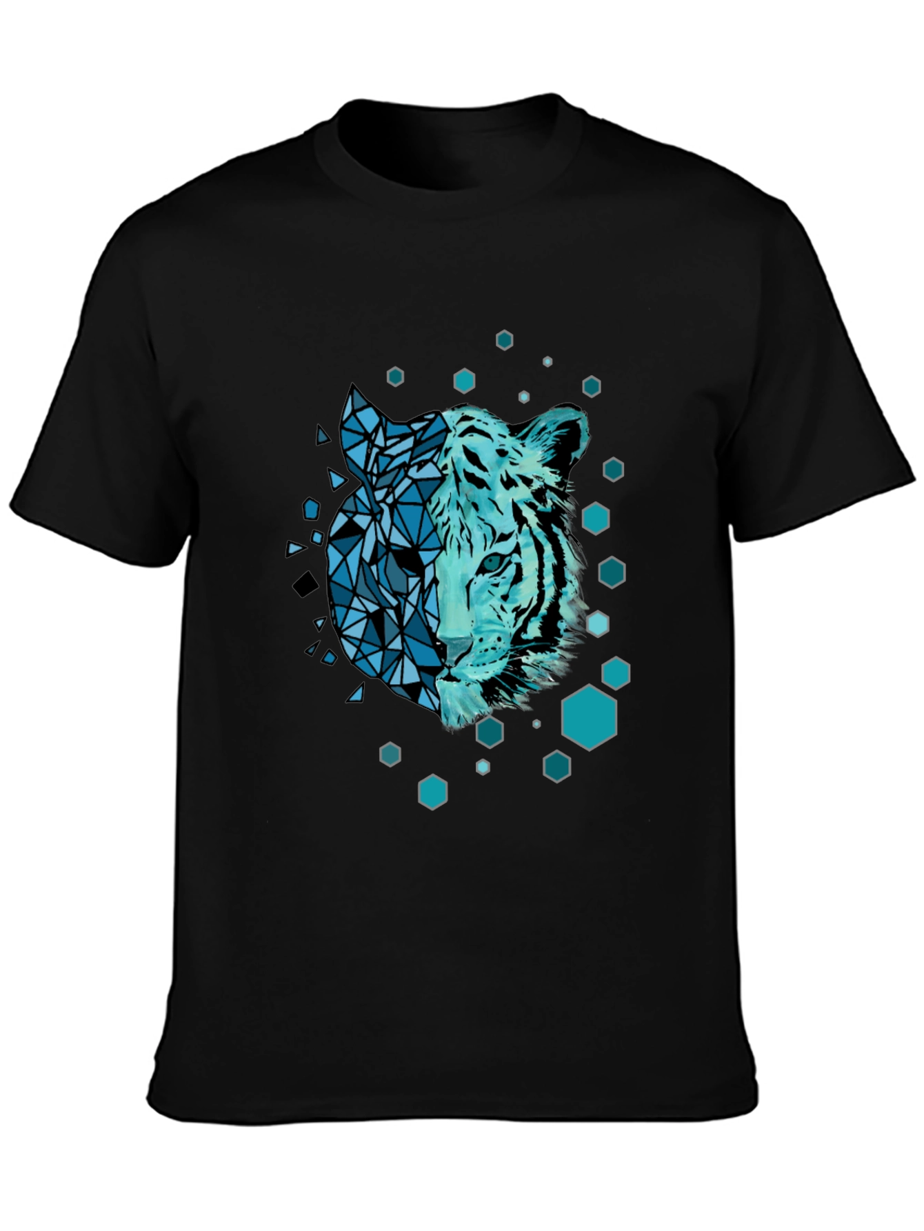 Geometric Tiger Graphic Black Tee Shirt