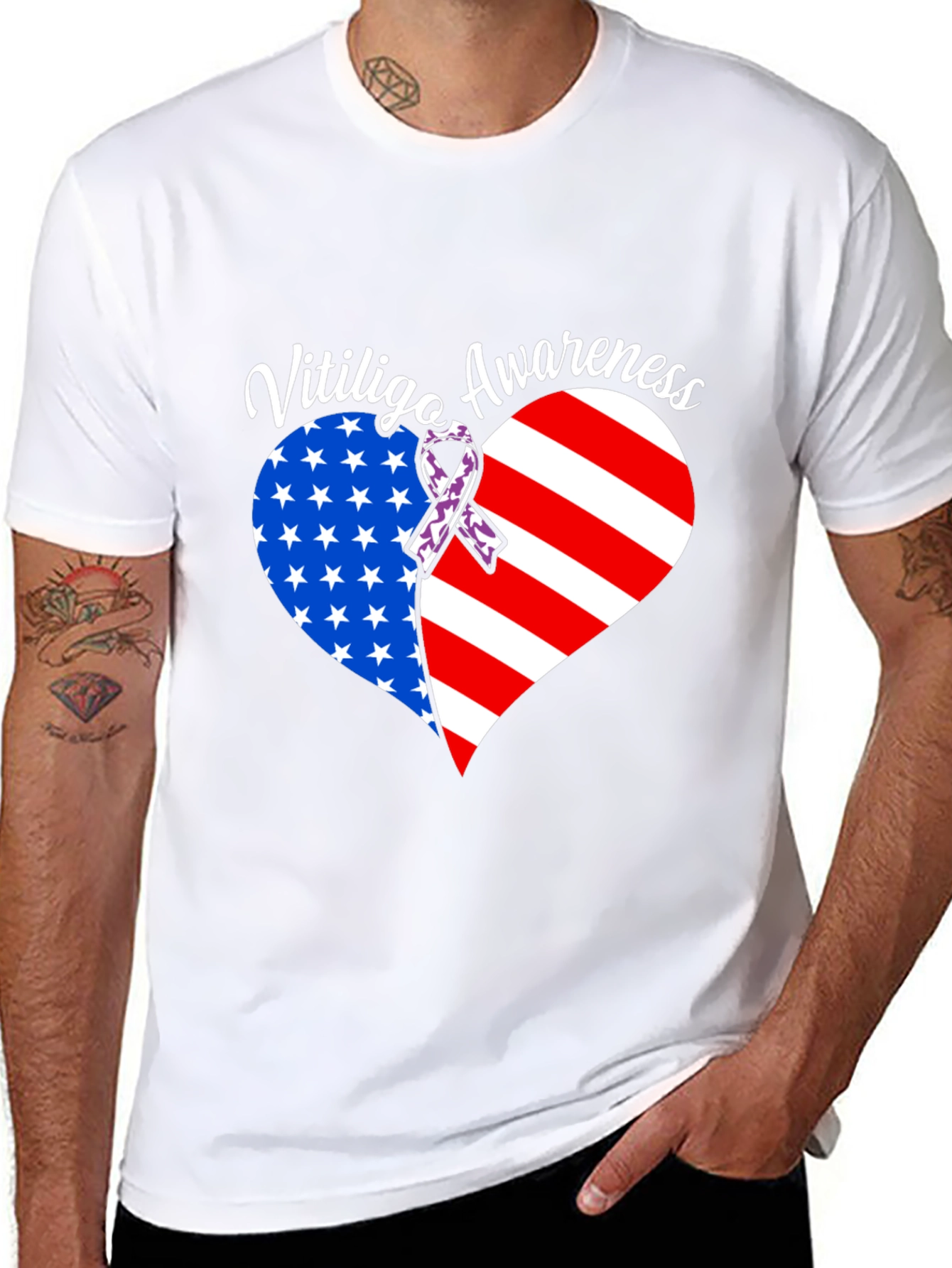 Vitiligo Awareness T-Shirt - American Flag Heart Design