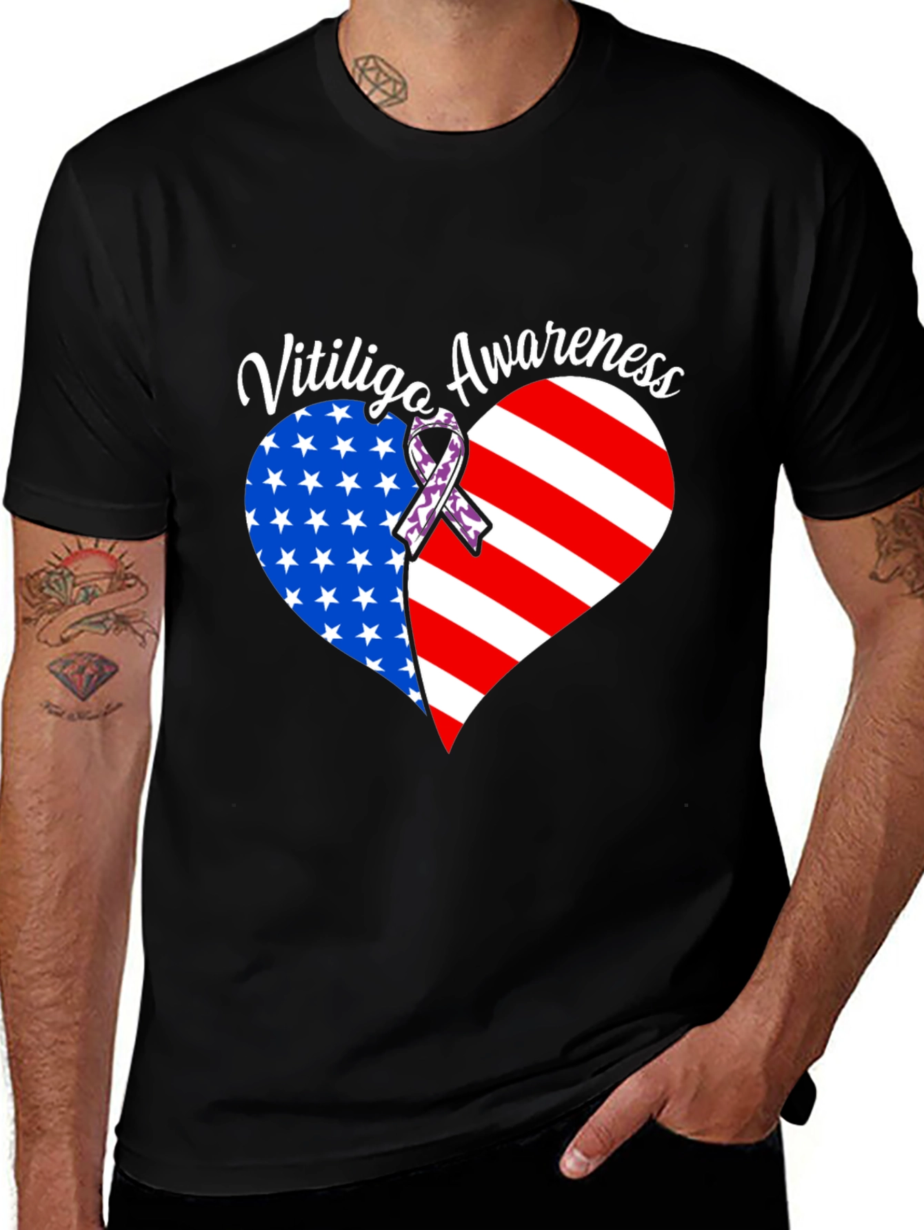 Vitiligo Awareness T-Shirt - American Flag Heart Design