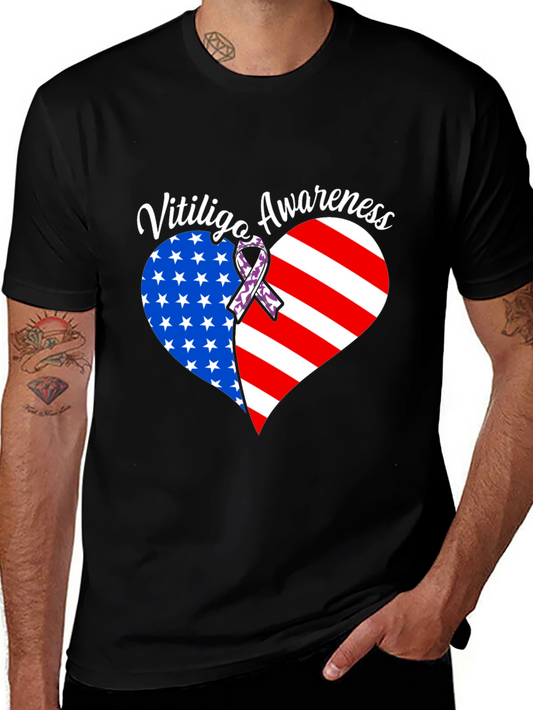 Vitiligo Awareness T-Shirt - American Flag Heart Design