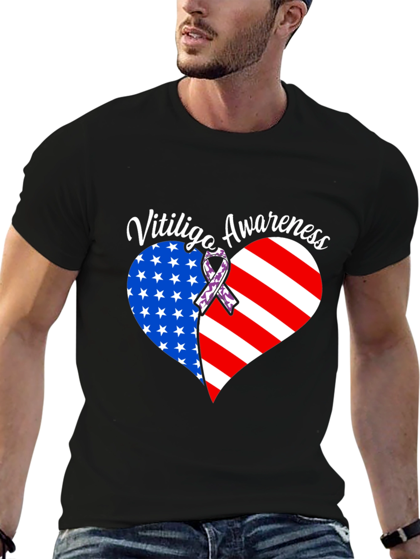 Vitiligo Awareness T-Shirt - American Flag Heart Design
