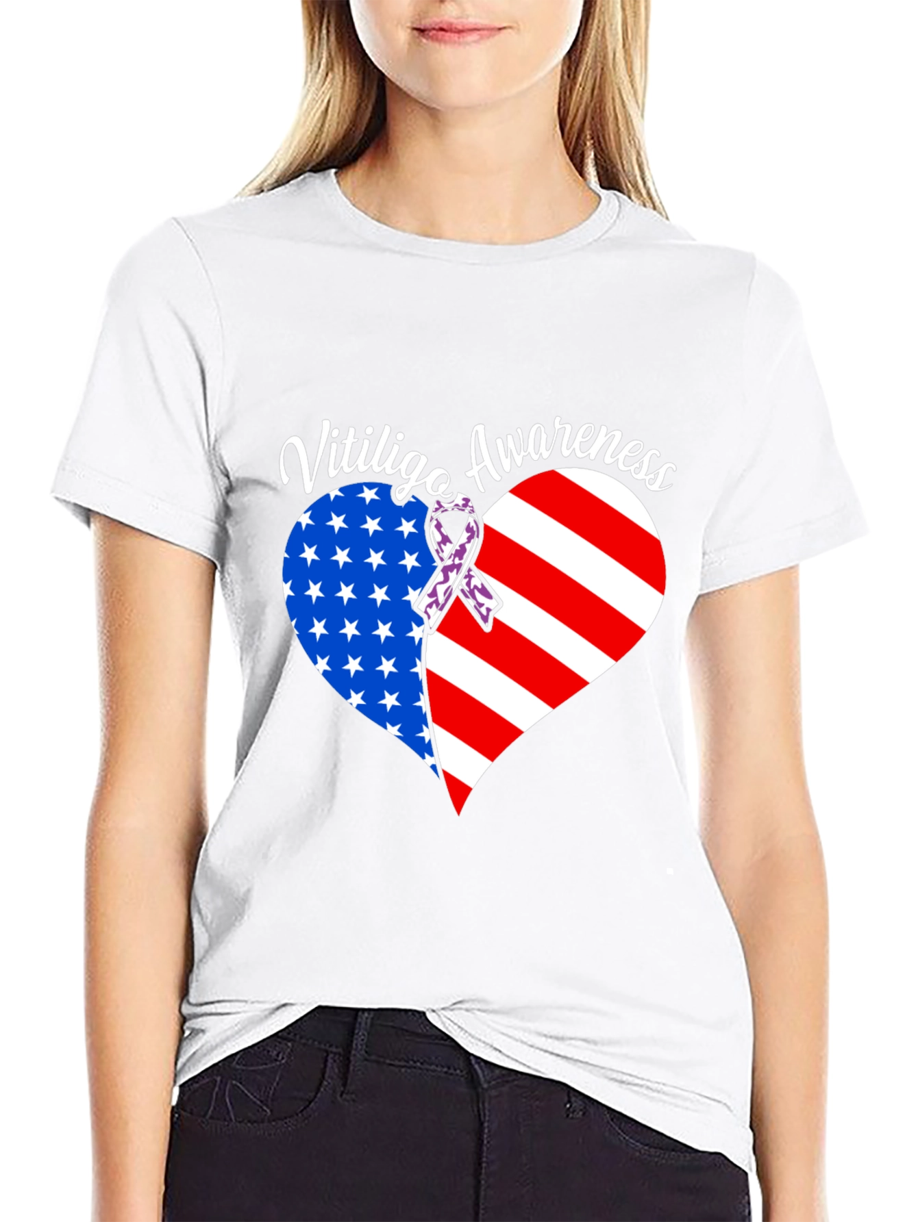 Vitiligo Awareness T-Shirt - American Flag Heart Design