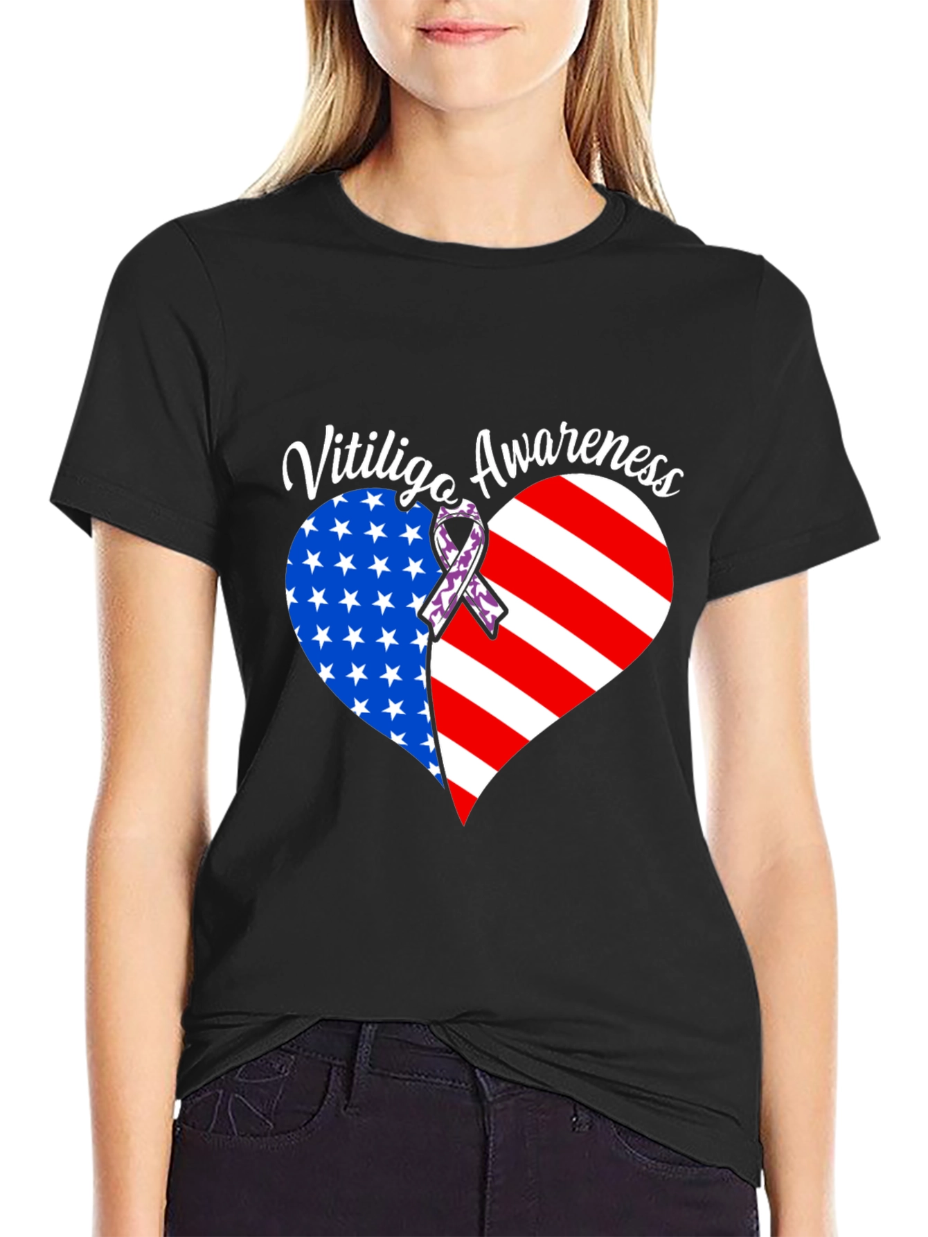 Vitiligo Awareness T-Shirt - American Flag Heart Design