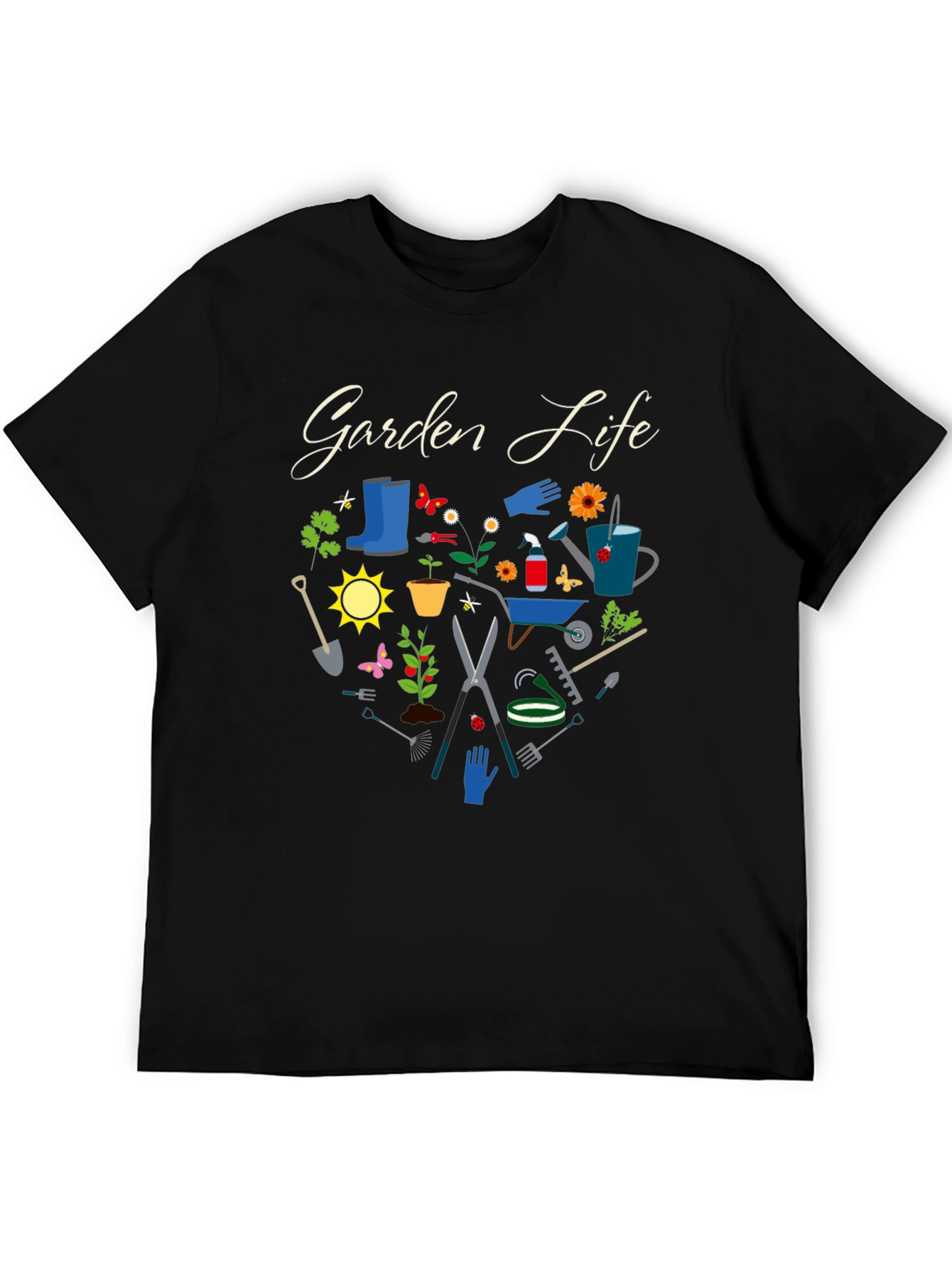 Garden Life Black T-Shirt: Gardening Tools Graphic Tee