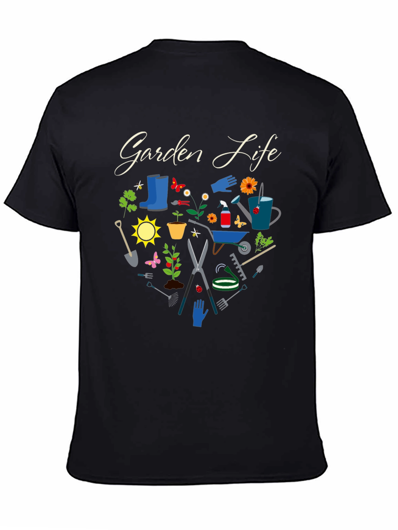 Garden Life Black T-Shirt: Gardening Tools Graphic Tee