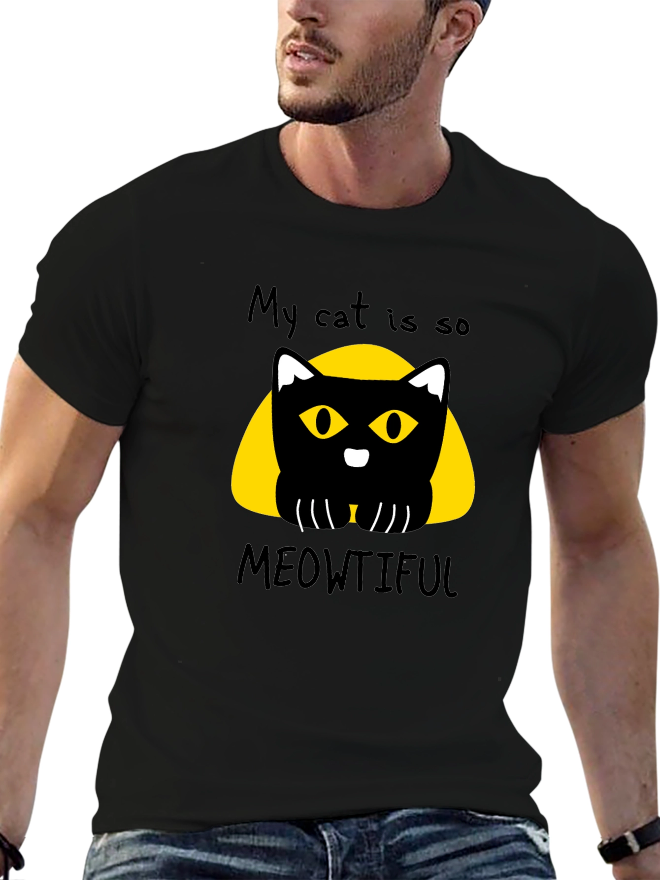 Meowtiful Cat Graphic Tee - Black Cotton T-Shirt