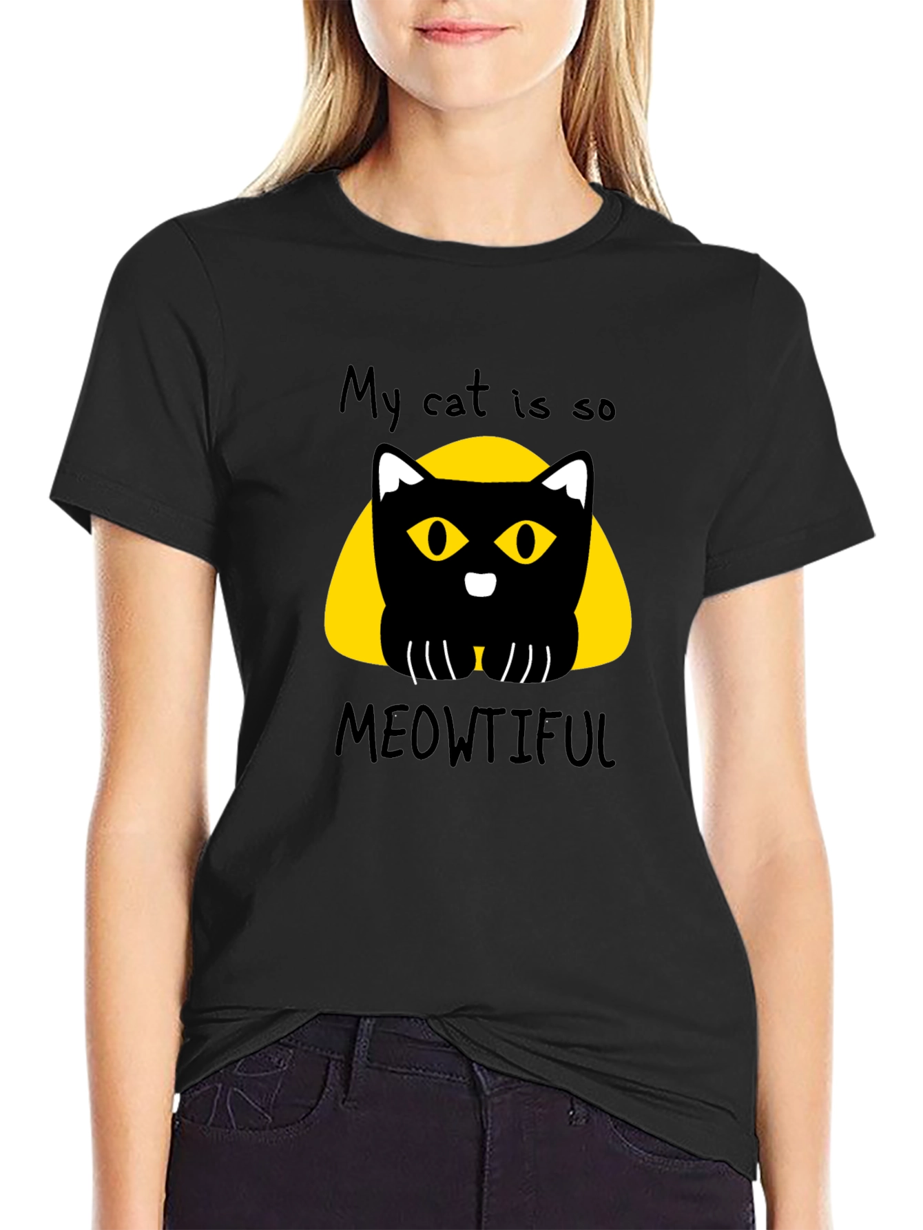 Meowtiful Cat Graphic Tee - Black Cotton T-Shirt